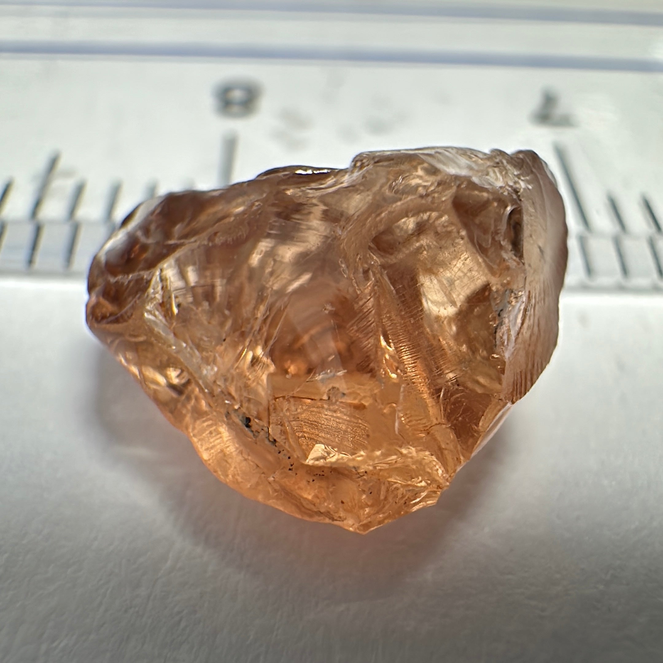 Peach Malaya Garnet, 3.97ct, challenging shape, gunk on outside, will come off on preform, rest vvs, Unheated Untreated, Umba Valley Tanzania