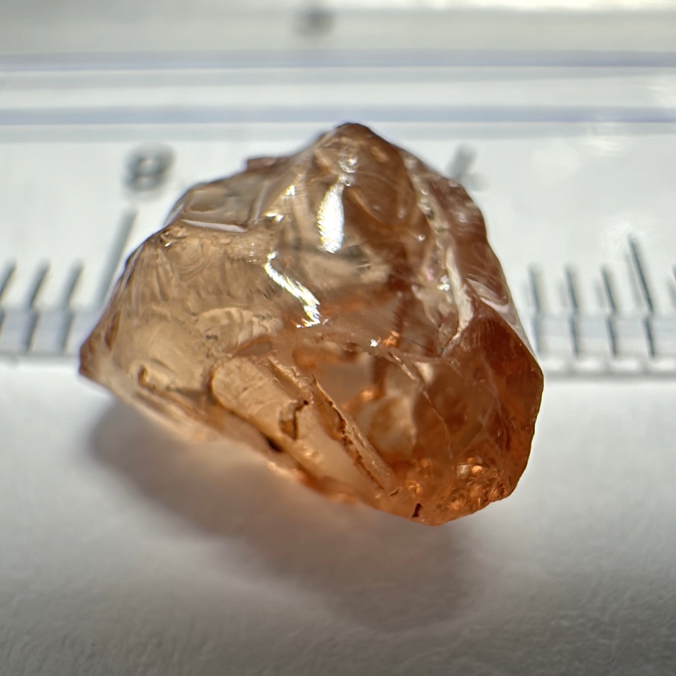 Peach Malaya Garnet, 3.97ct, challenging shape, gunk on outside, will come off on preform, rest vvs, Unheated Untreated, Umba Valley Tanzania