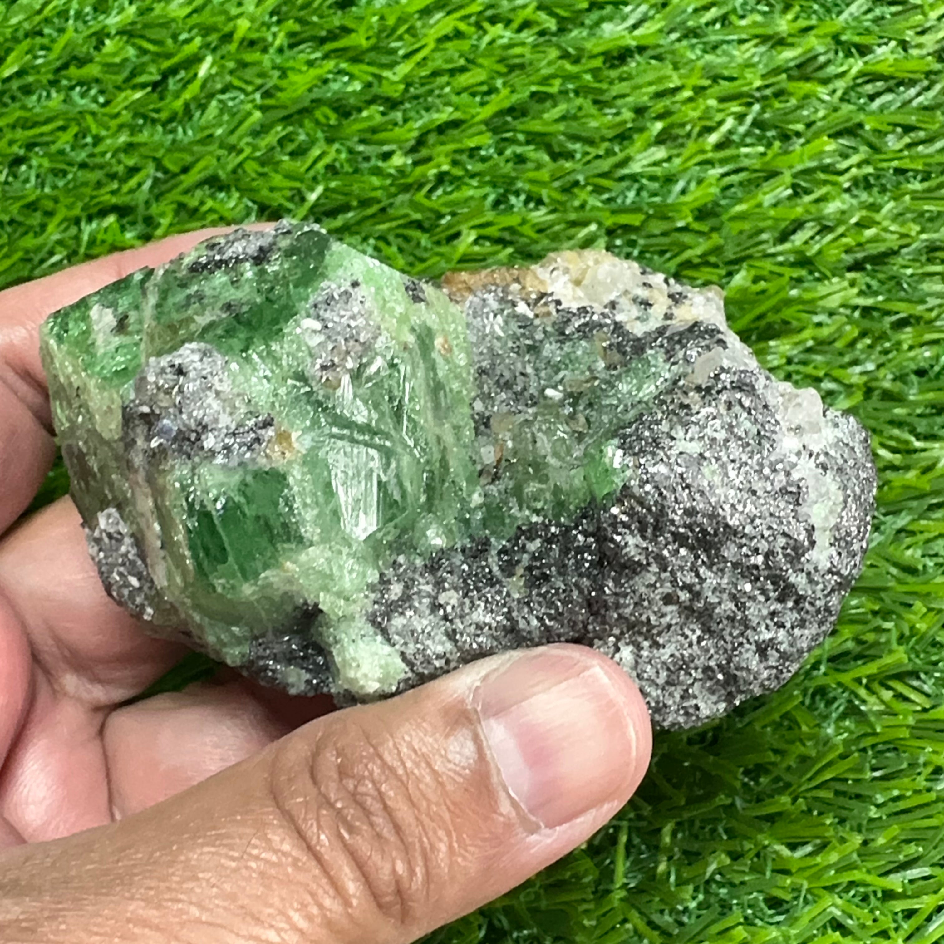 Tsavorite Garnet Crystal on Matrix, 247gm, Merelani, Tanzania, Untreated Unheated