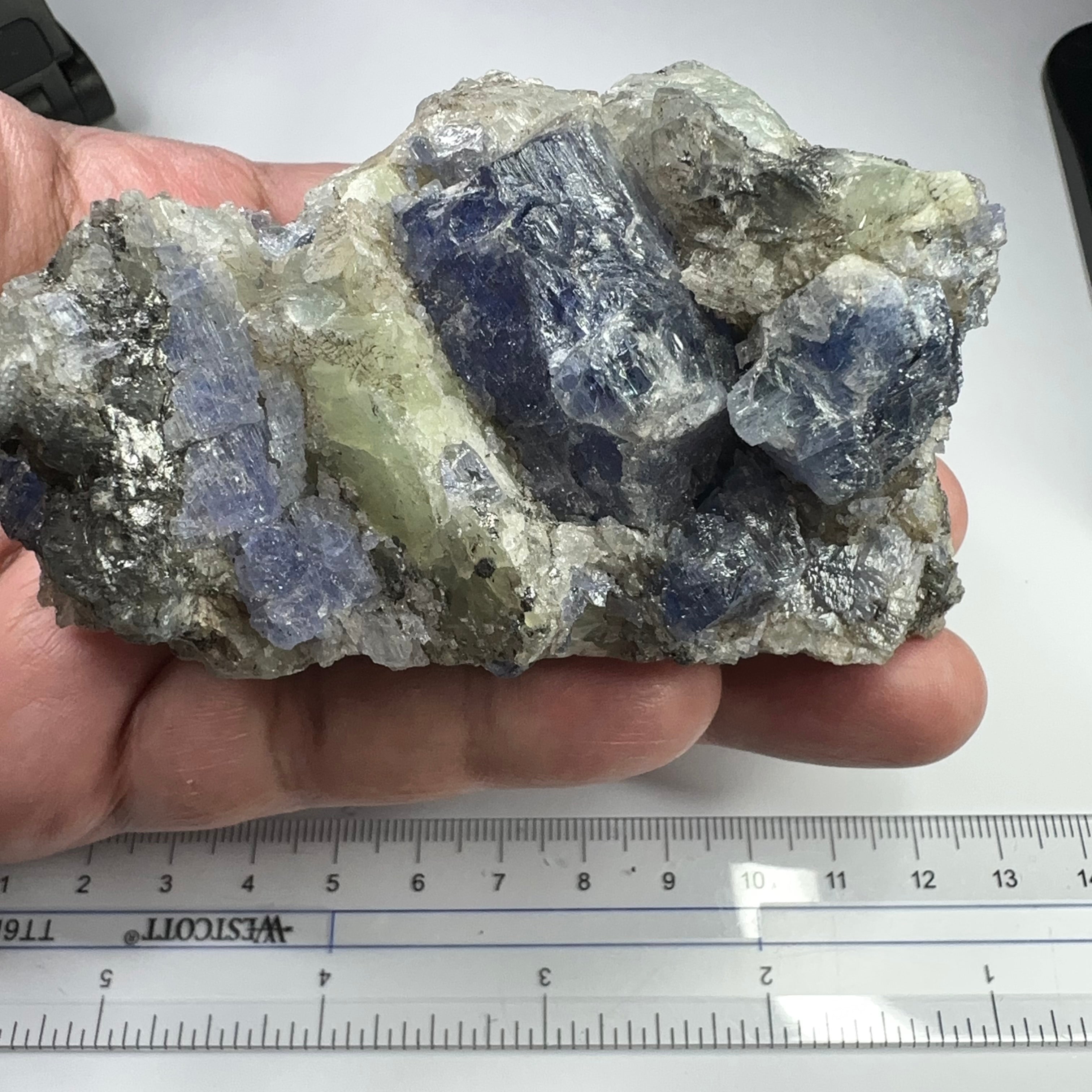 Tanzanite and Prehinite Crystal on Matrix, 375.30gm, Tanzania, Unheated Untreated.