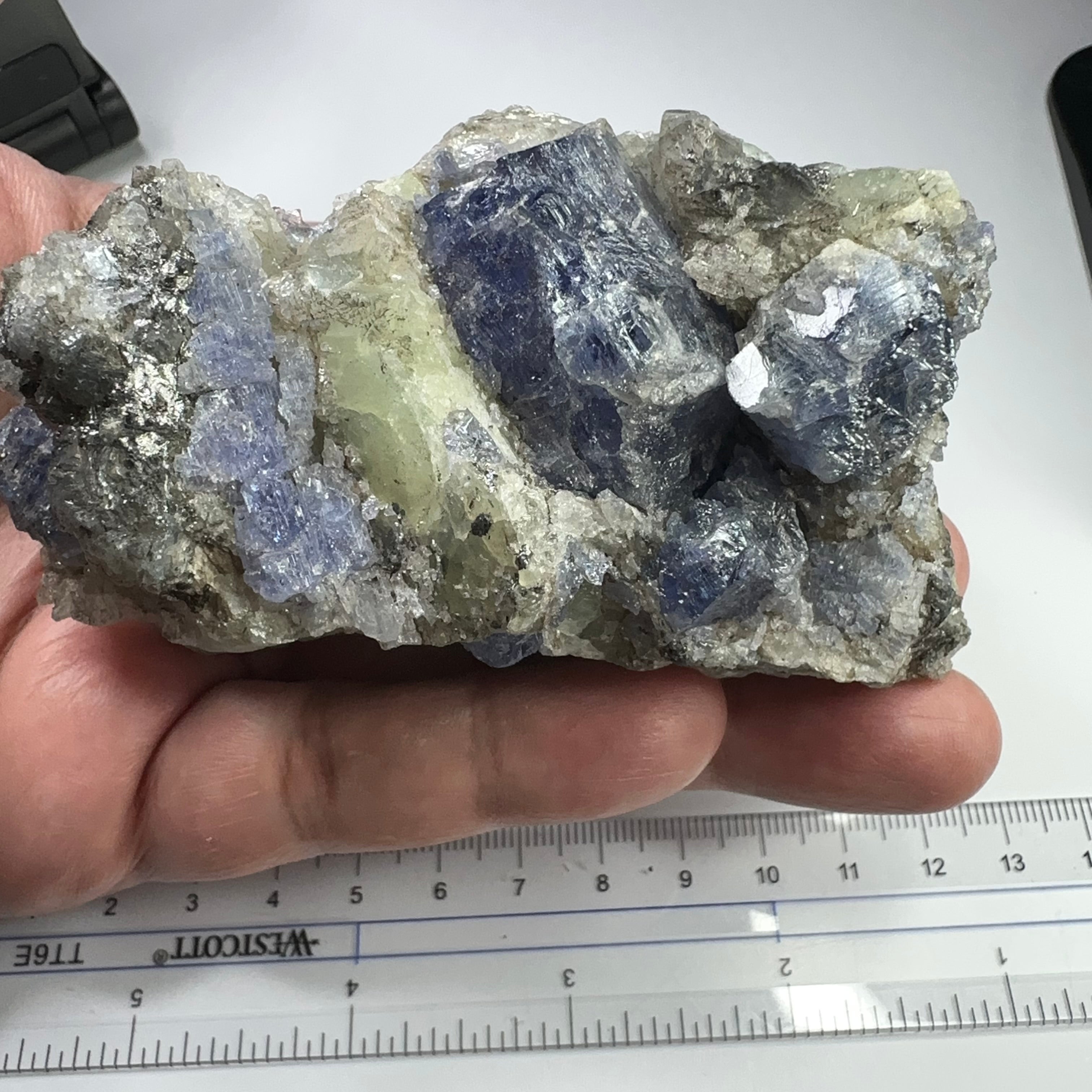 Tanzanite and Prehinite Crystal on Matrix, 375.30gm, Tanzania, Unheated Untreated.