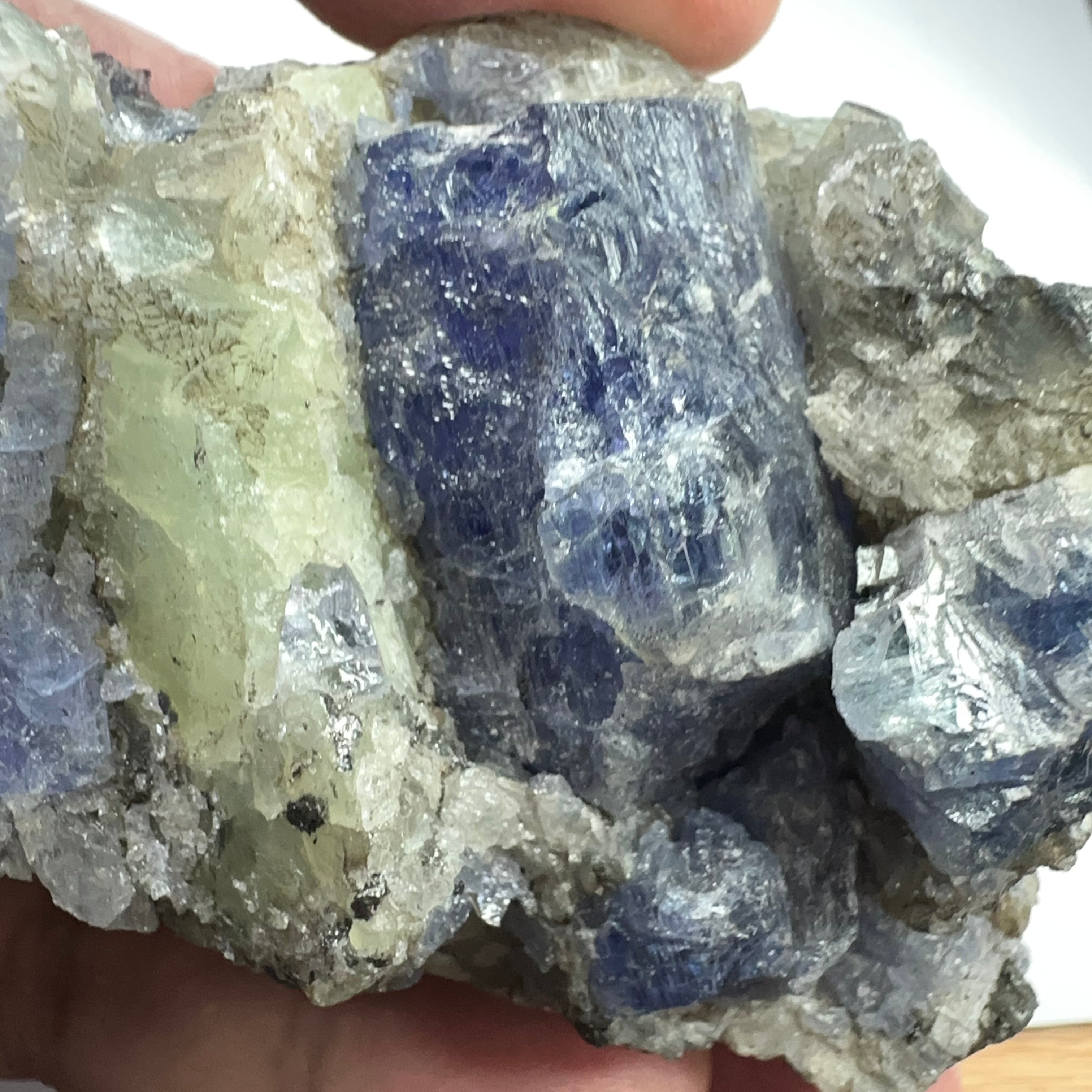 Tanzanite and Prehinite Crystal on Matrix, 375.30gm, Tanzania, Unheated Untreated.