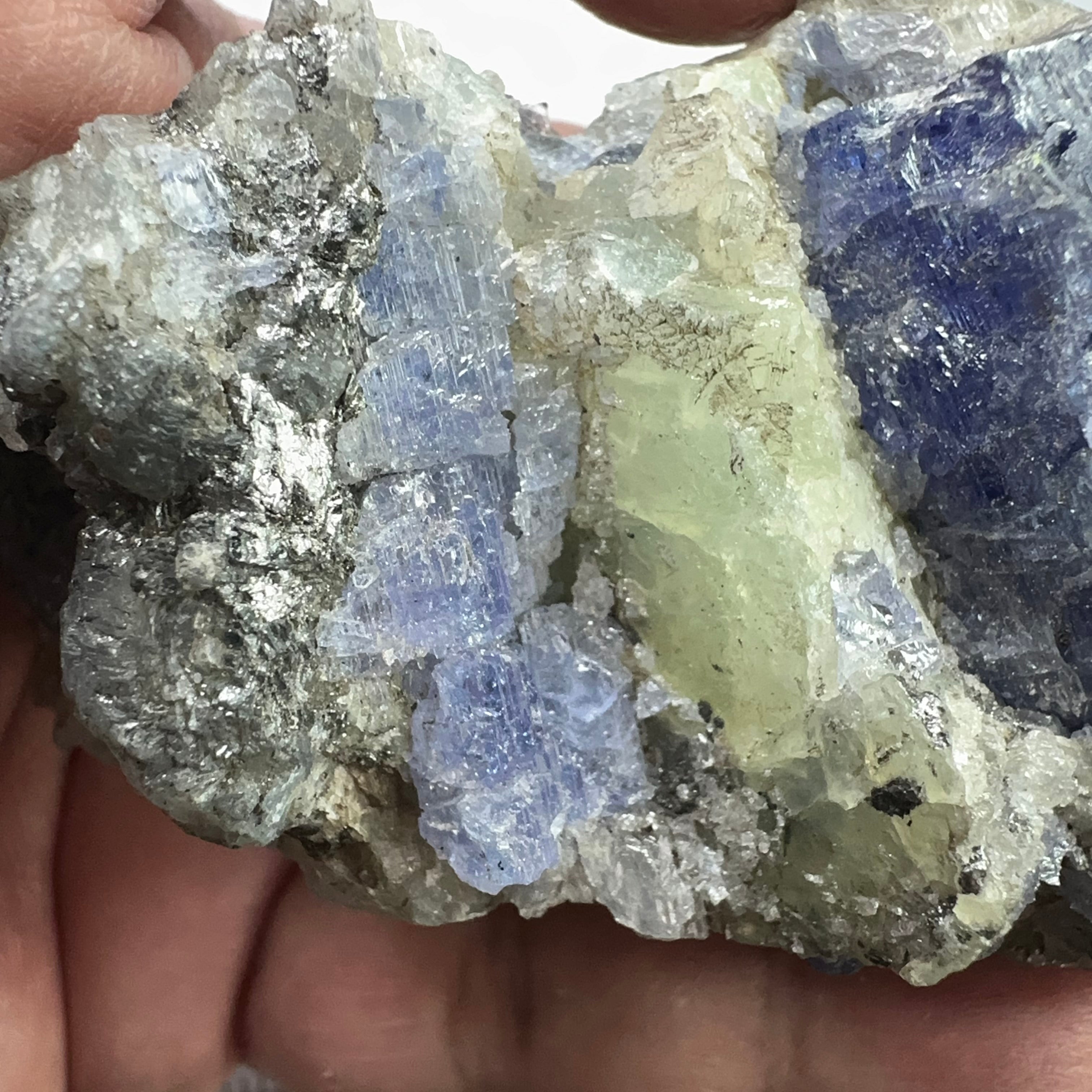 Tanzanite and Prehinite Crystal on Matrix, 375.30gm, Tanzania, Unheated Untreated.