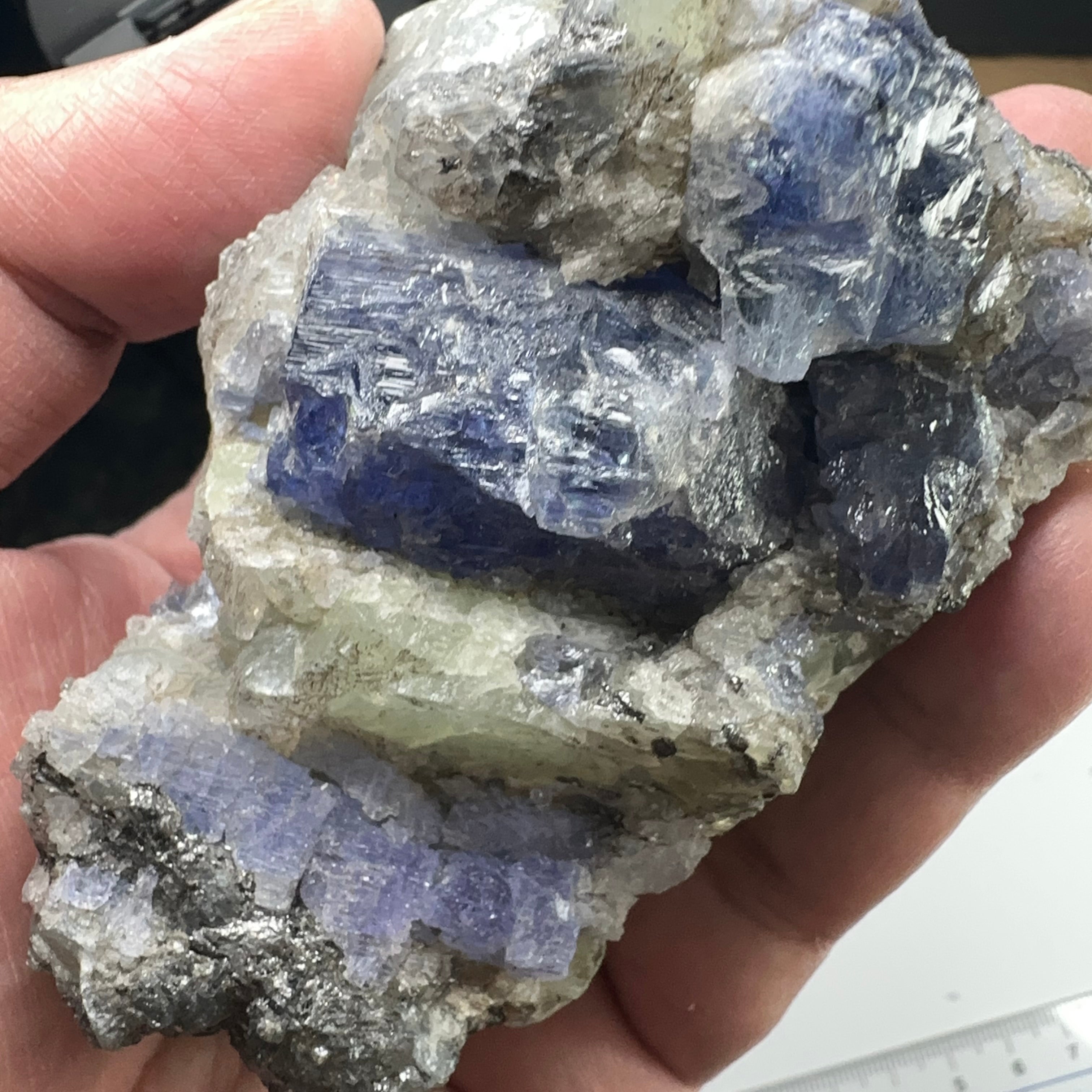 Tanzanite and Prehinite Crystal on Matrix, 375.30gm, Tanzania, Unheated Untreated.