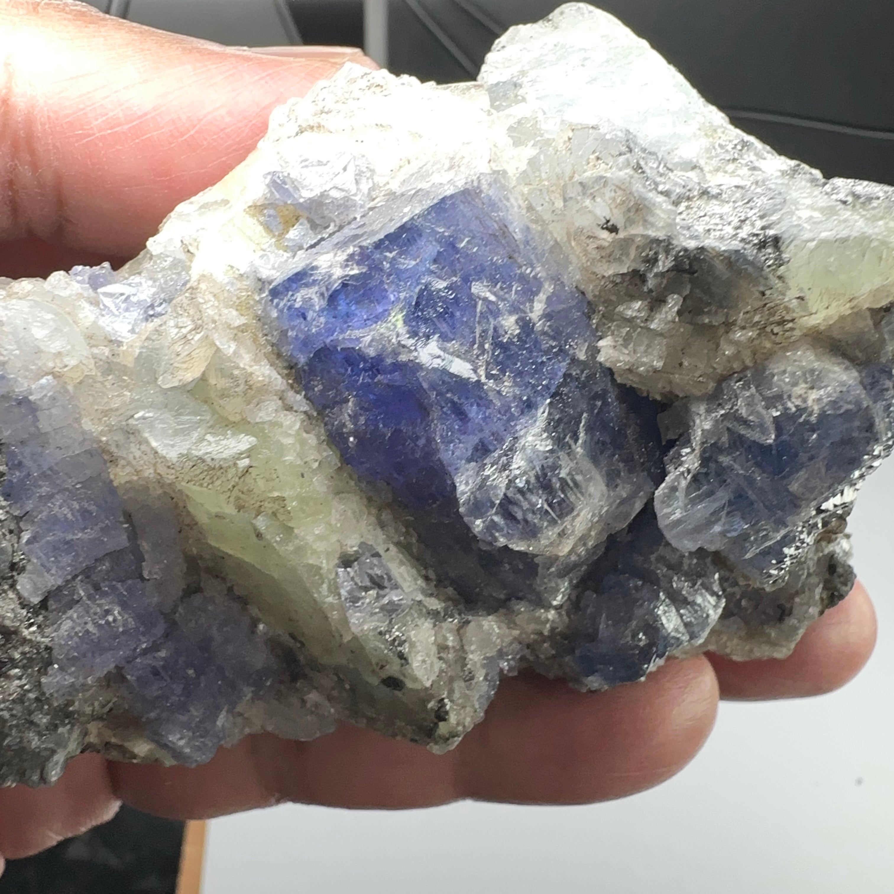 Tanzanite and Prehinite Crystal on Matrix, 375.30gm, Tanzania, Unheated Untreated.