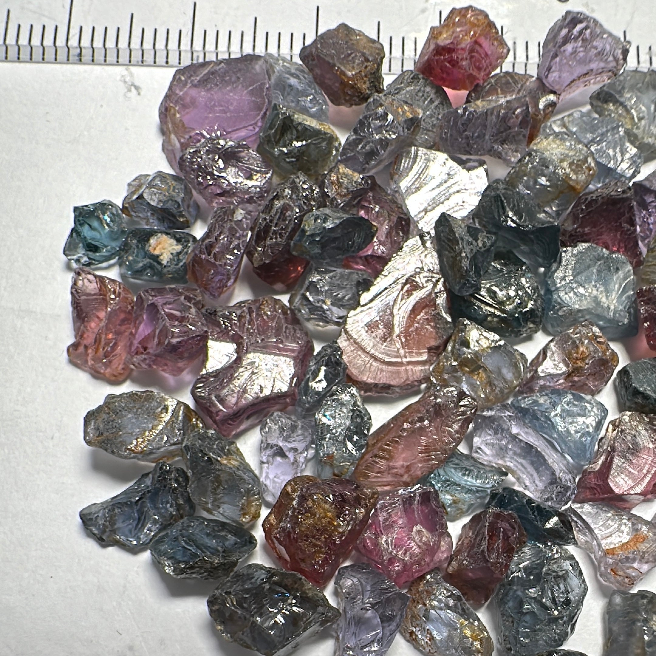 Mahenge Spinel Lot, small sizes all are INCLUDED stones, 106.19ct, Mahenge, Tanzania, Untreated Unheated. Small sizes see pics and ruler, set as is into jewellery