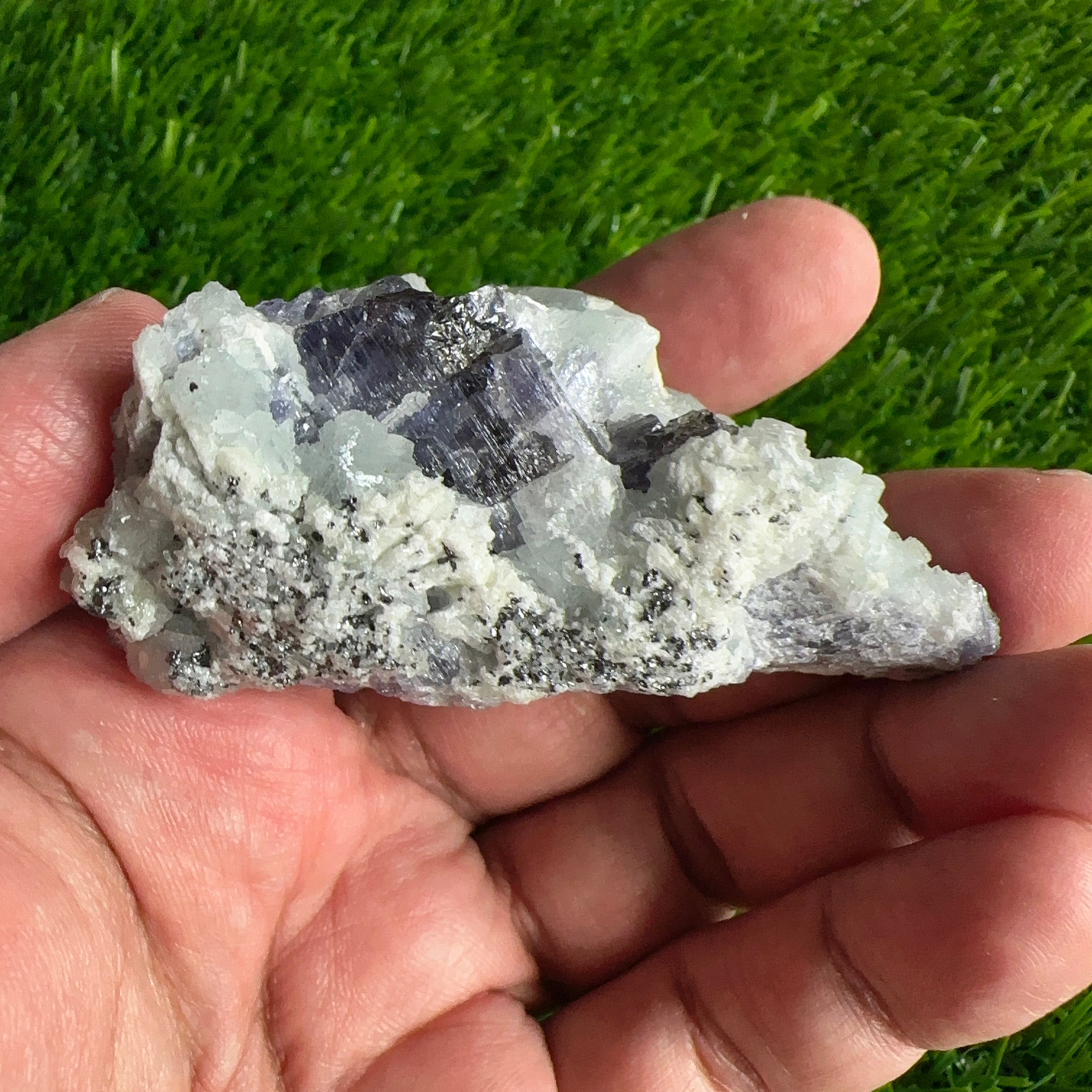 Tanzanite and Prehinite Crystal on Matrix, 96.20gm, Tanzania, Unheated Untreated.