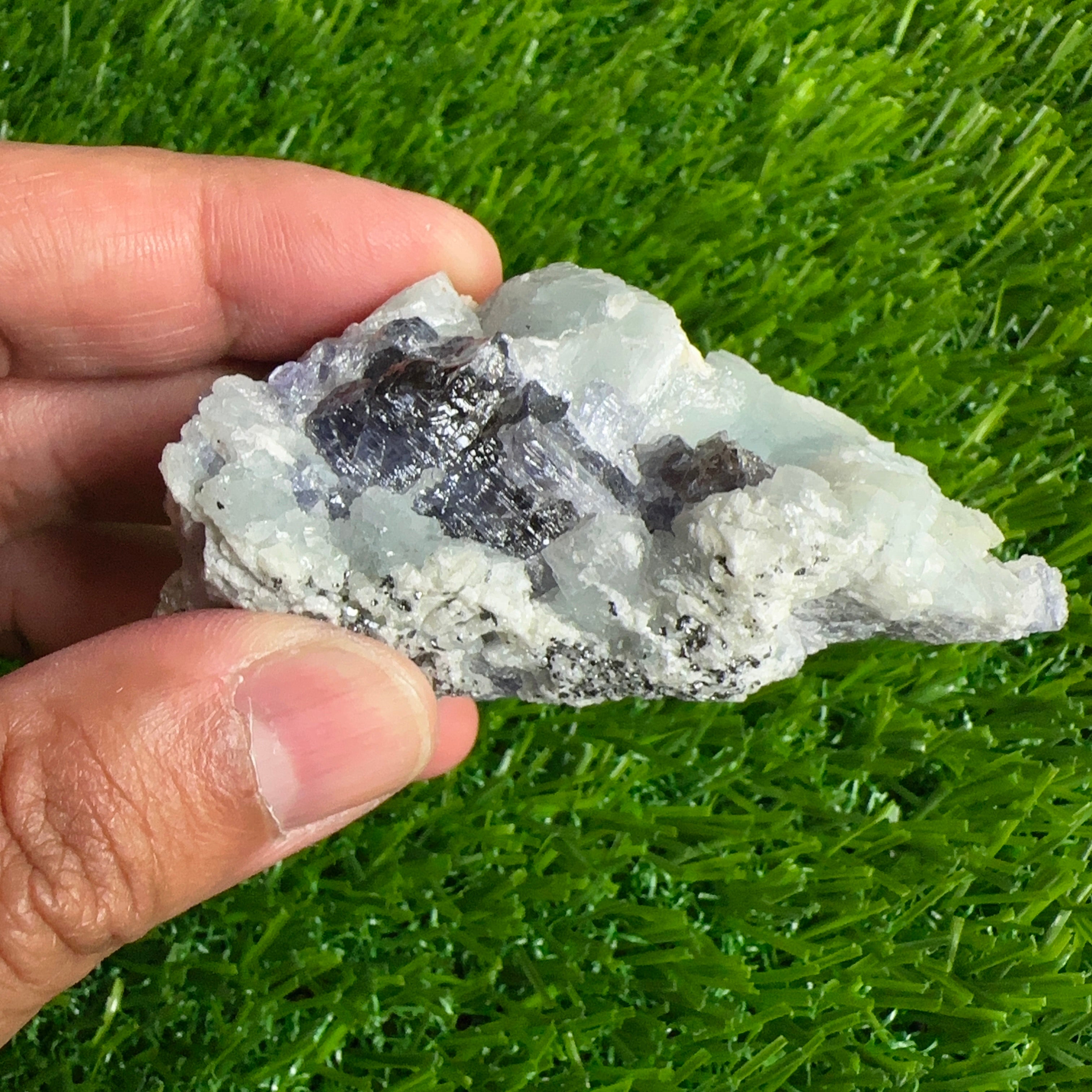 Tanzanite and Prehinite Crystal on Matrix, 96.20gm, Tanzania, Unheated Untreated.