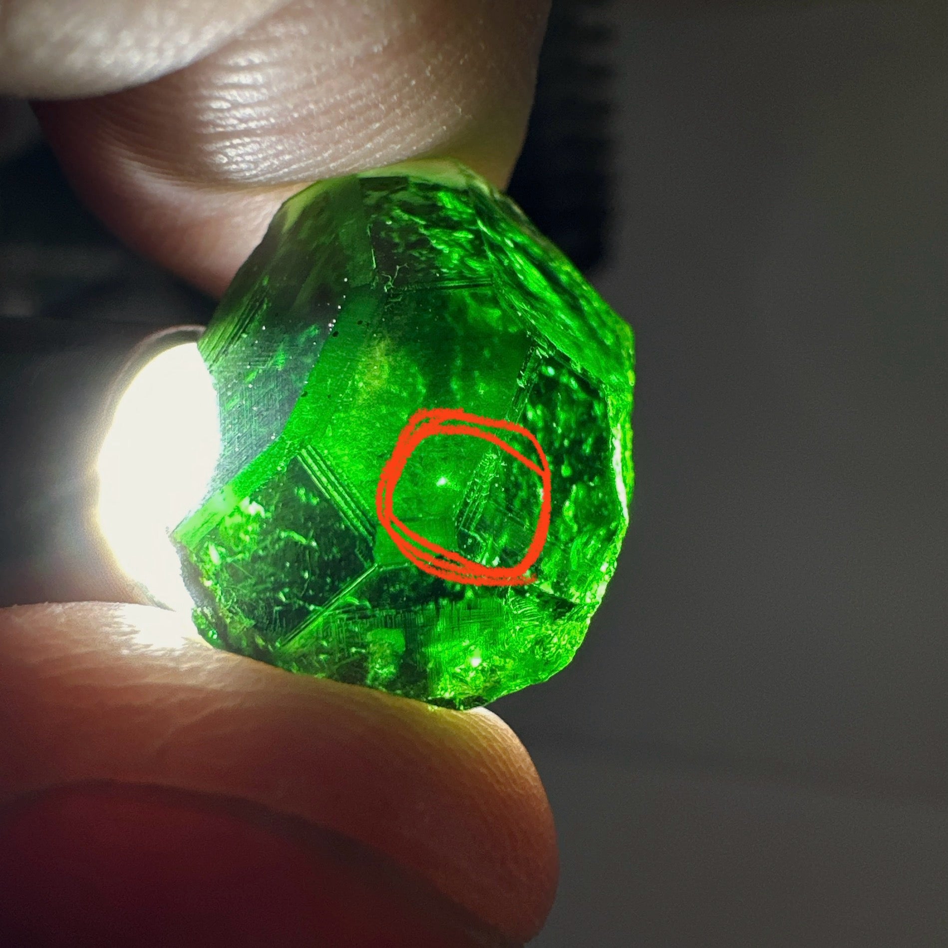 Huge Chrome Tourmaline, 14.90ct, Tanzania, Untreated Unheated, VVS-IF with one spot, I have circled the spot in red on one of the pictures, stone is dark and shown in different lights