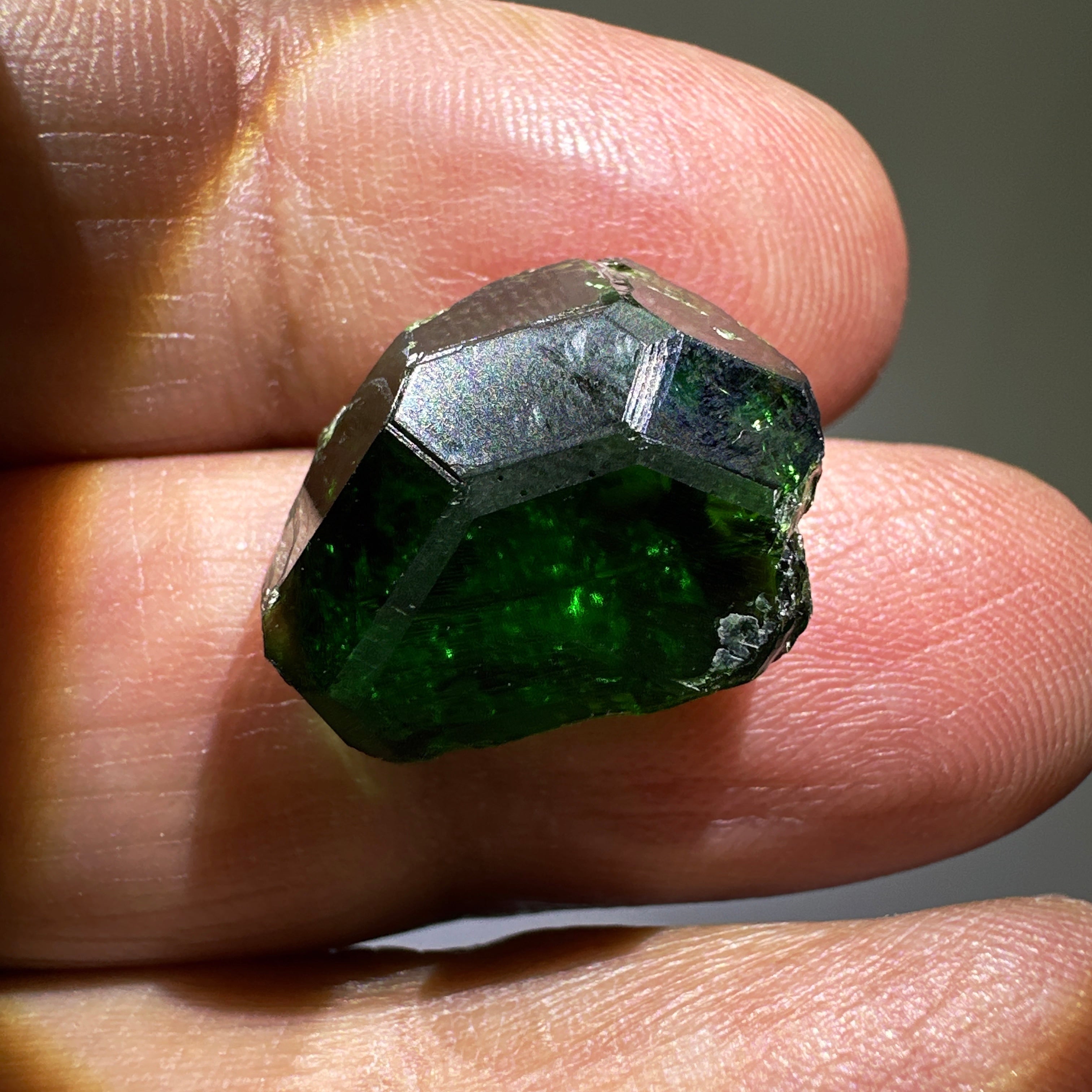 Huge Chrome Tourmaline, 14.90ct, Tanzania, Untreated Unheated, VVS-IF with one spot, I have circled the spot in red on one of the pictures, stone is dark and shown in different lights