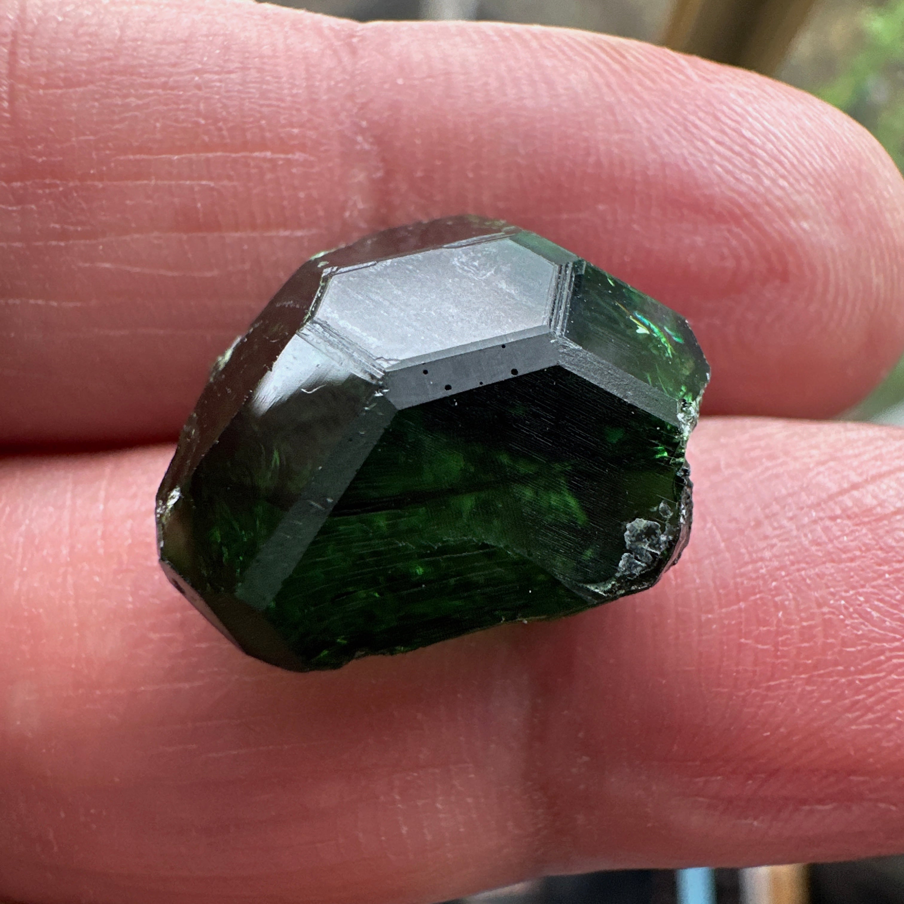 Huge Chrome Tourmaline, 14.90ct, Tanzania, Untreated Unheated, VVS-IF with one spot, I have circled the spot in red on one of the pictures, stone is dark and shown in different lights