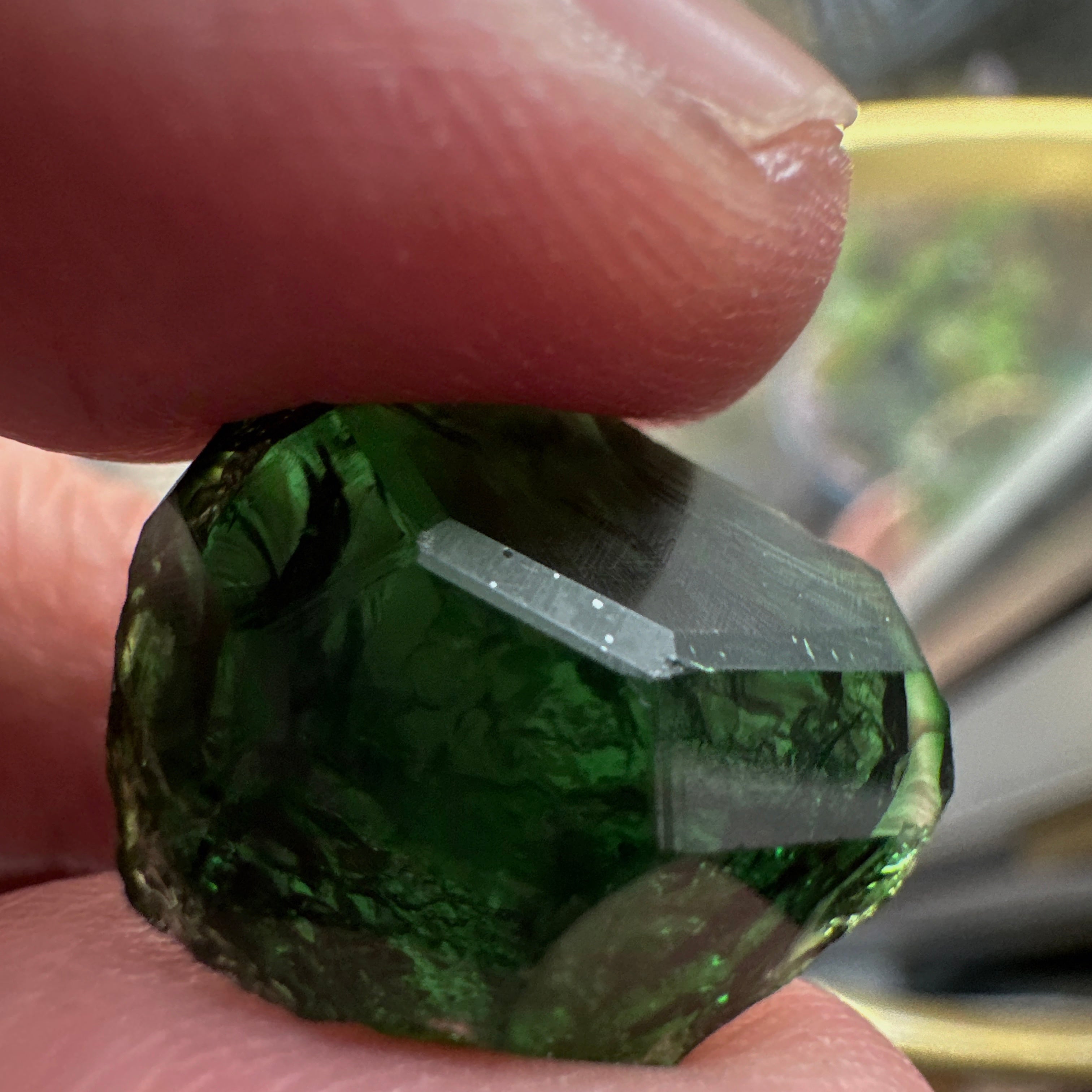 Huge Chrome Tourmaline, 14.90ct, Tanzania, Untreated Unheated, VVS-IF with one spot, I have circled the spot in red on one of the pictures, stone is dark and shown in different lights