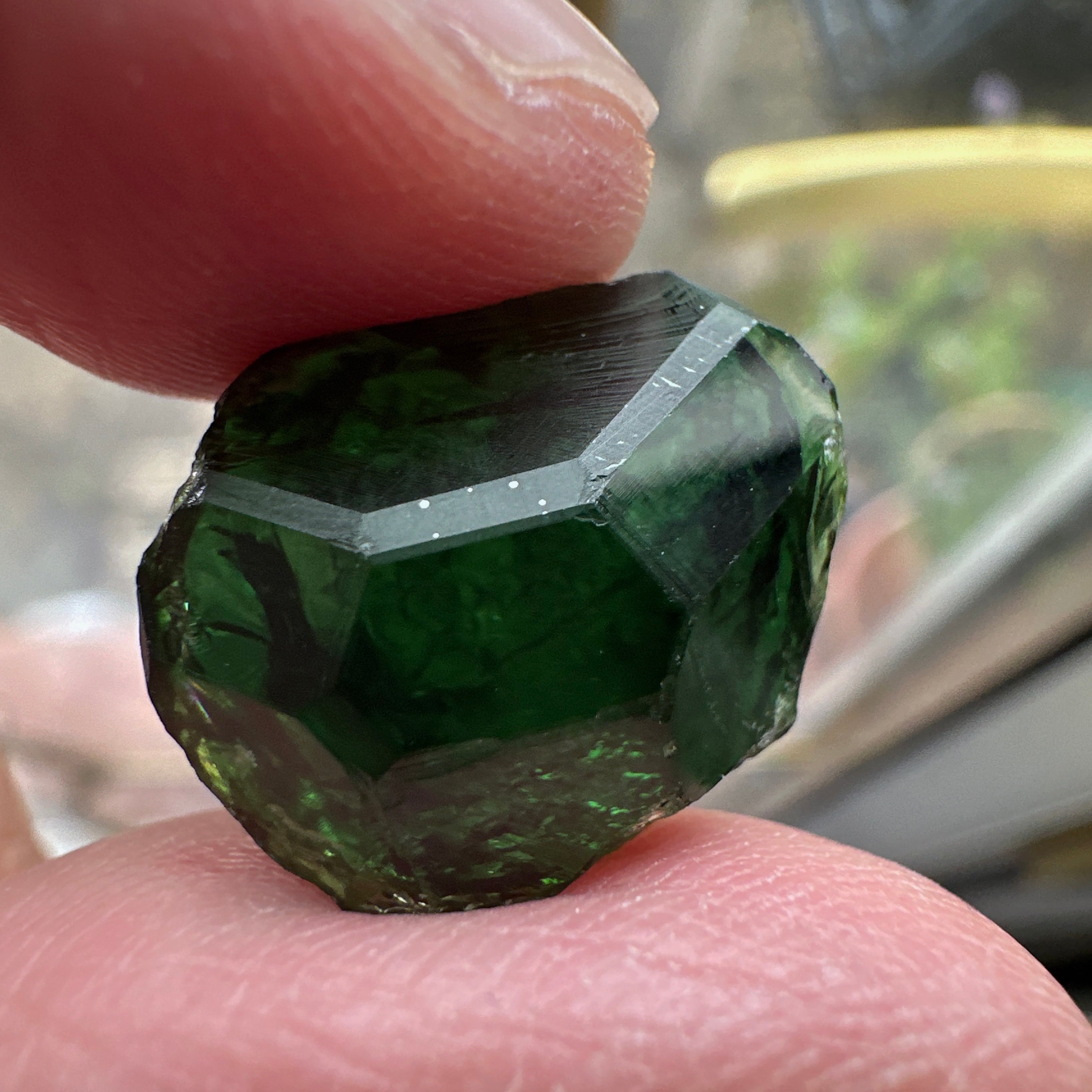 Huge Chrome Tourmaline, 14.90ct, Tanzania, Untreated Unheated, VVS-IF with one spot, I have circled the spot in red on one of the pictures, stone is dark and shown in different lights