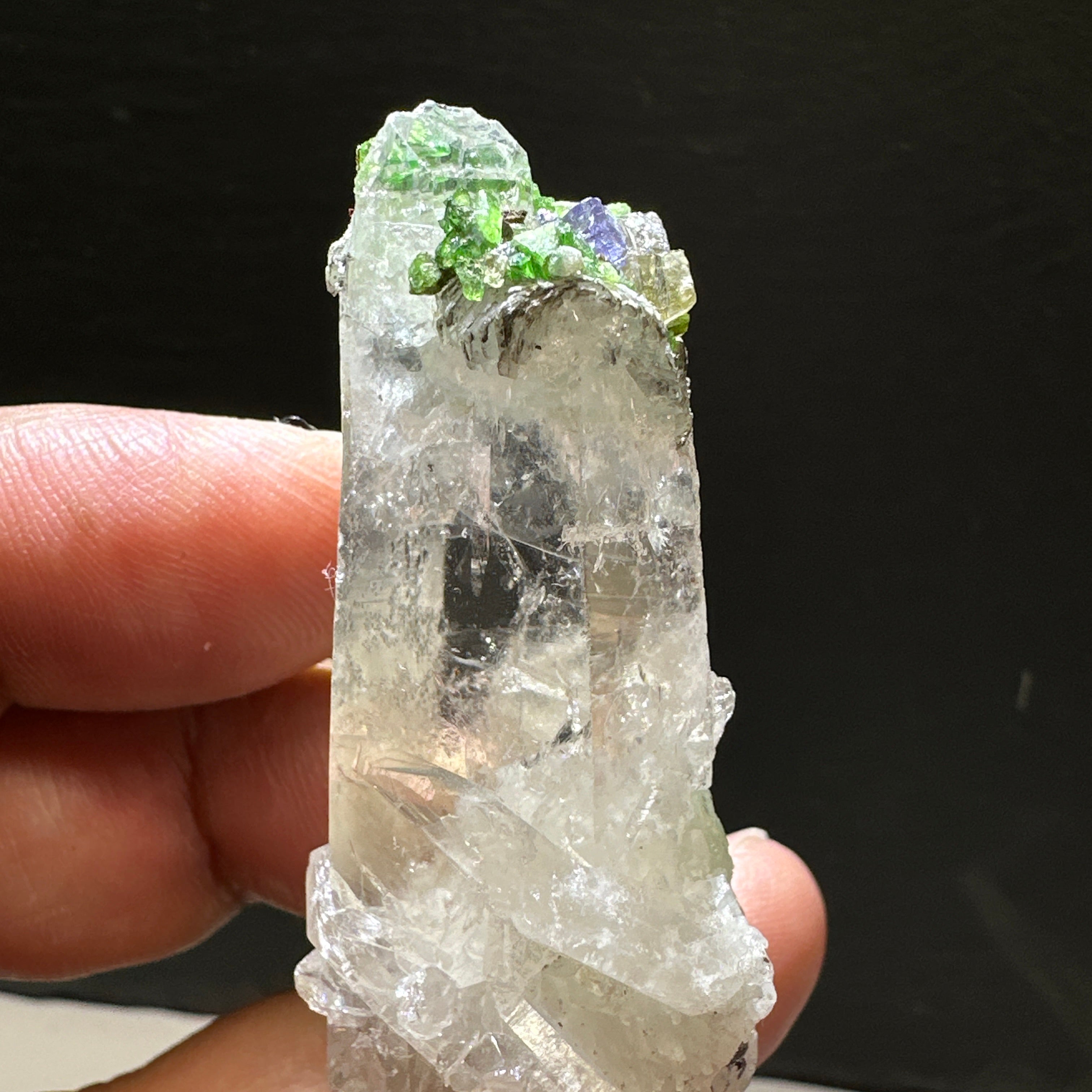 Quartz Crystal with Tanzanite, Tsavorite and Prehinite growing on it, 37.5gm, From Merelani, Tanzania