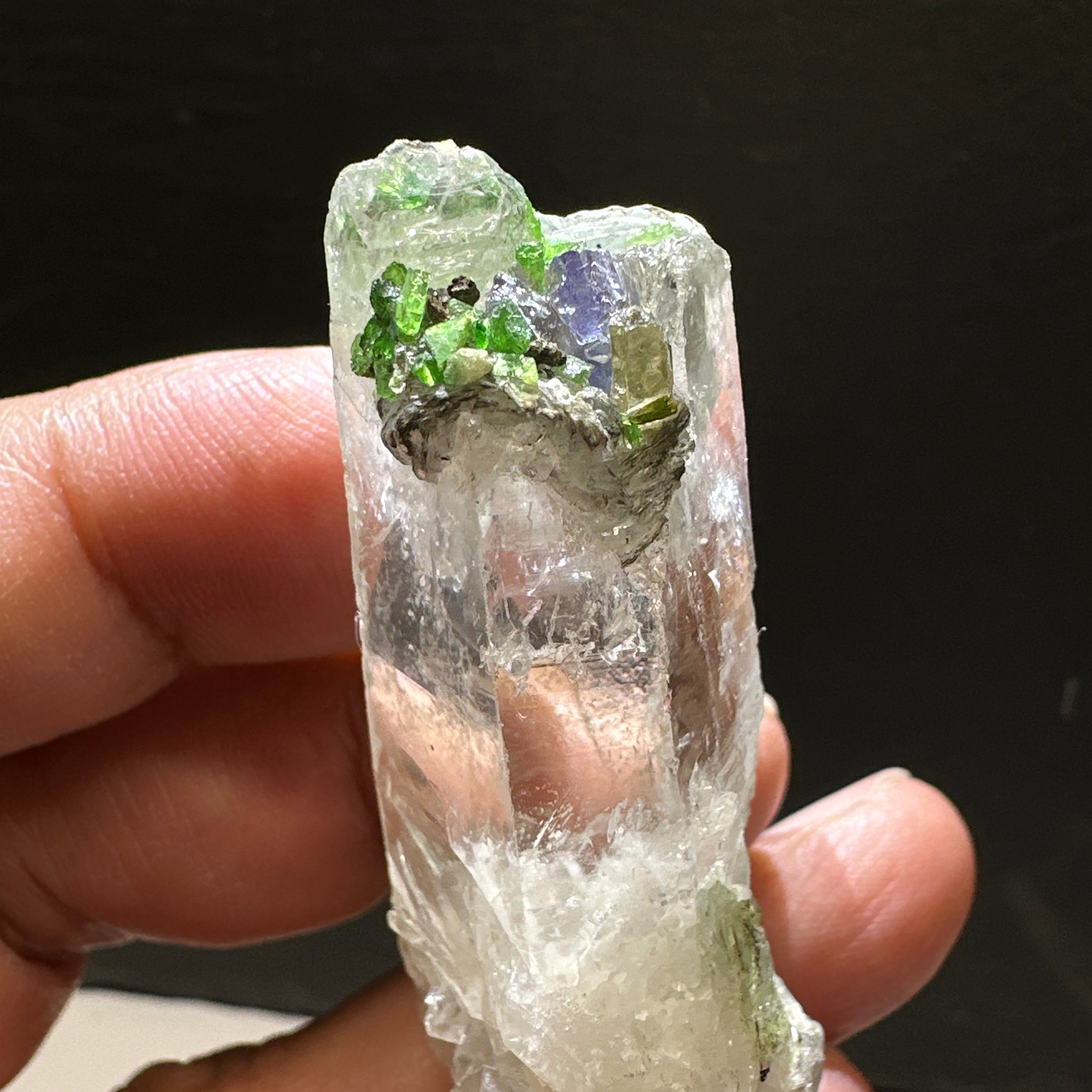 Quartz Crystal with Tanzanite, Tsavorite and Prehinite growing on it, 37.5gm, From Merelani, Tanzania