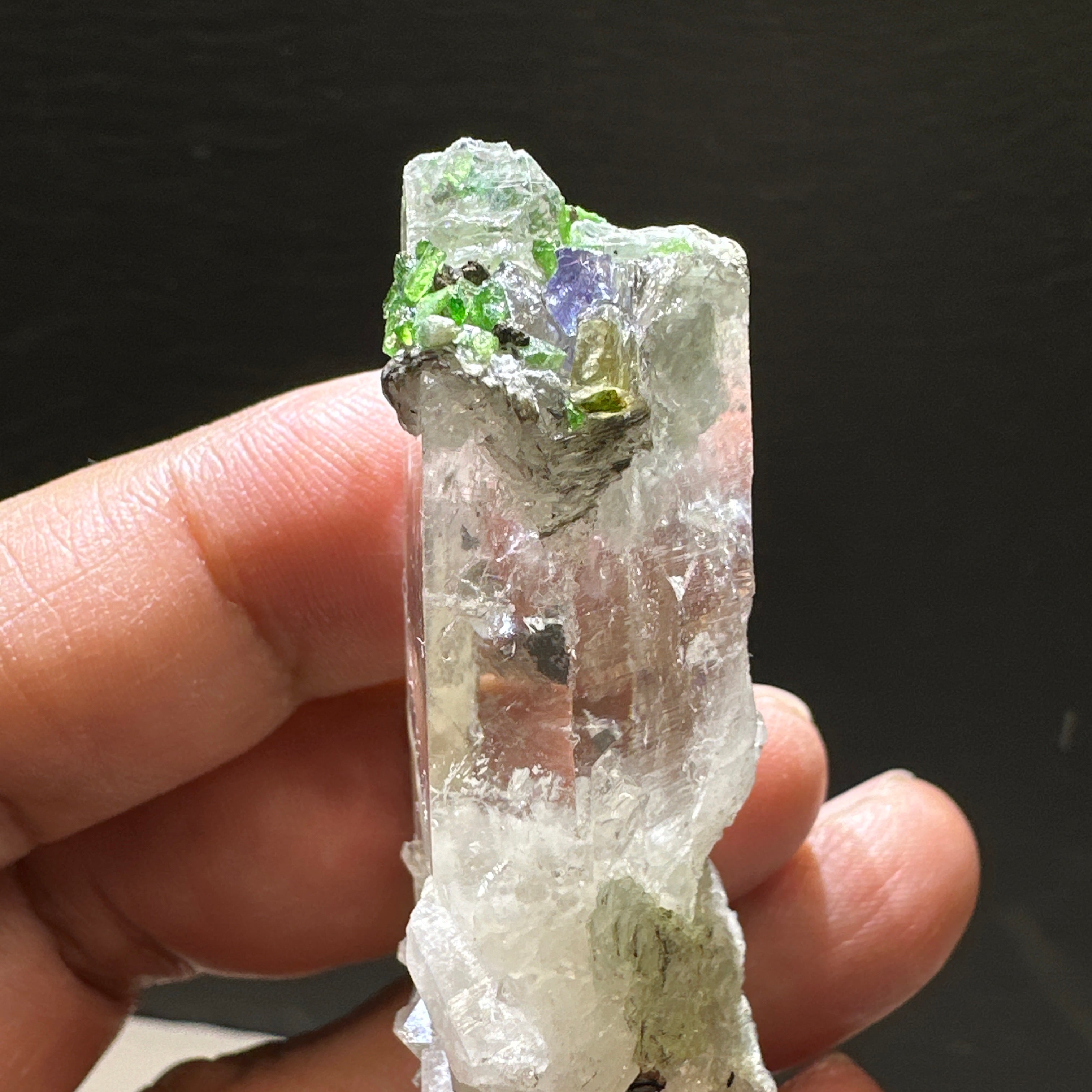 Quartz Crystal with Tanzanite, Tsavorite and Prehinite growing on it, 37.5gm, From Merelani, Tanzania