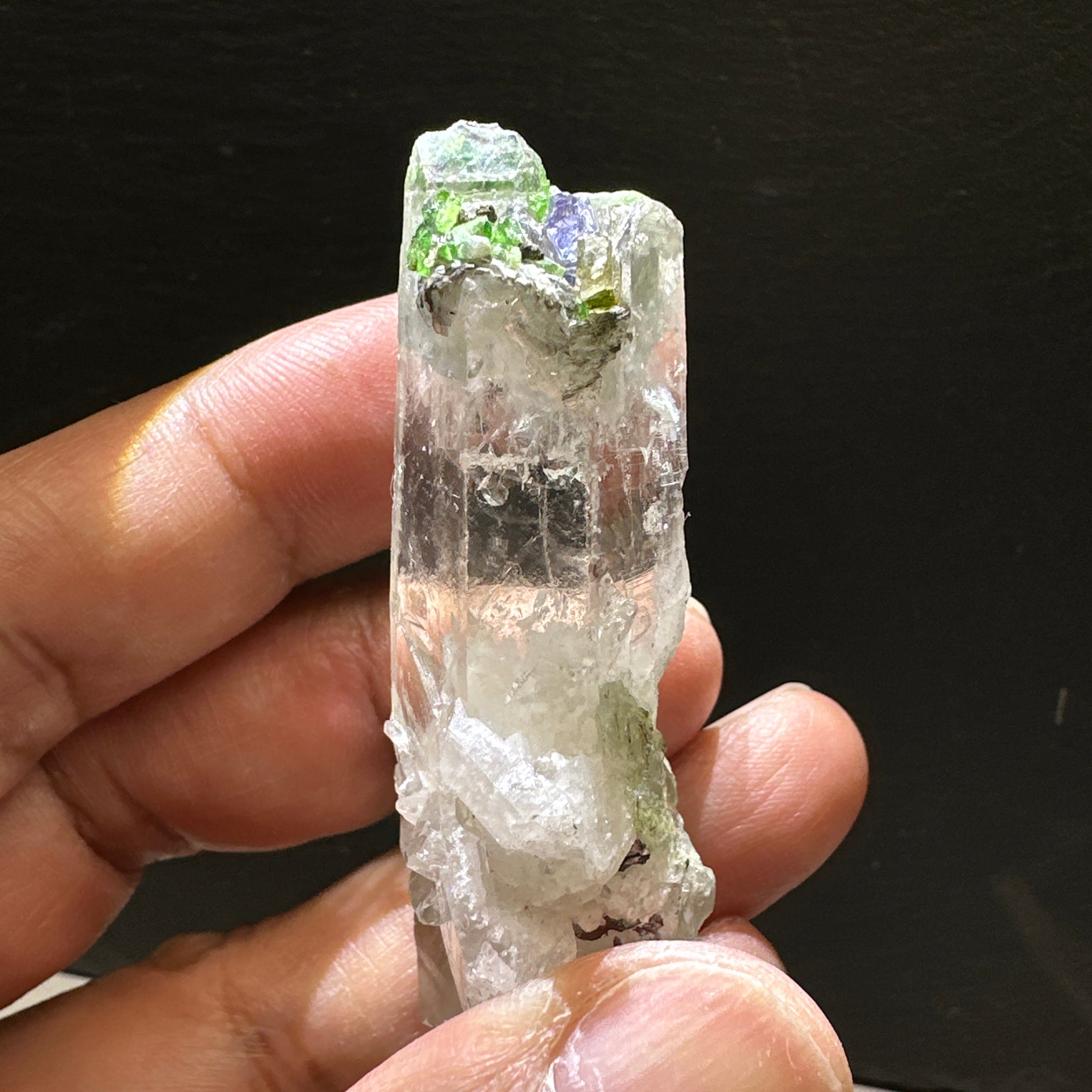 Quartz Crystal with Tanzanite, Tsavorite and Prehinite growing on it, 37.5gm, From Merelani, Tanzania