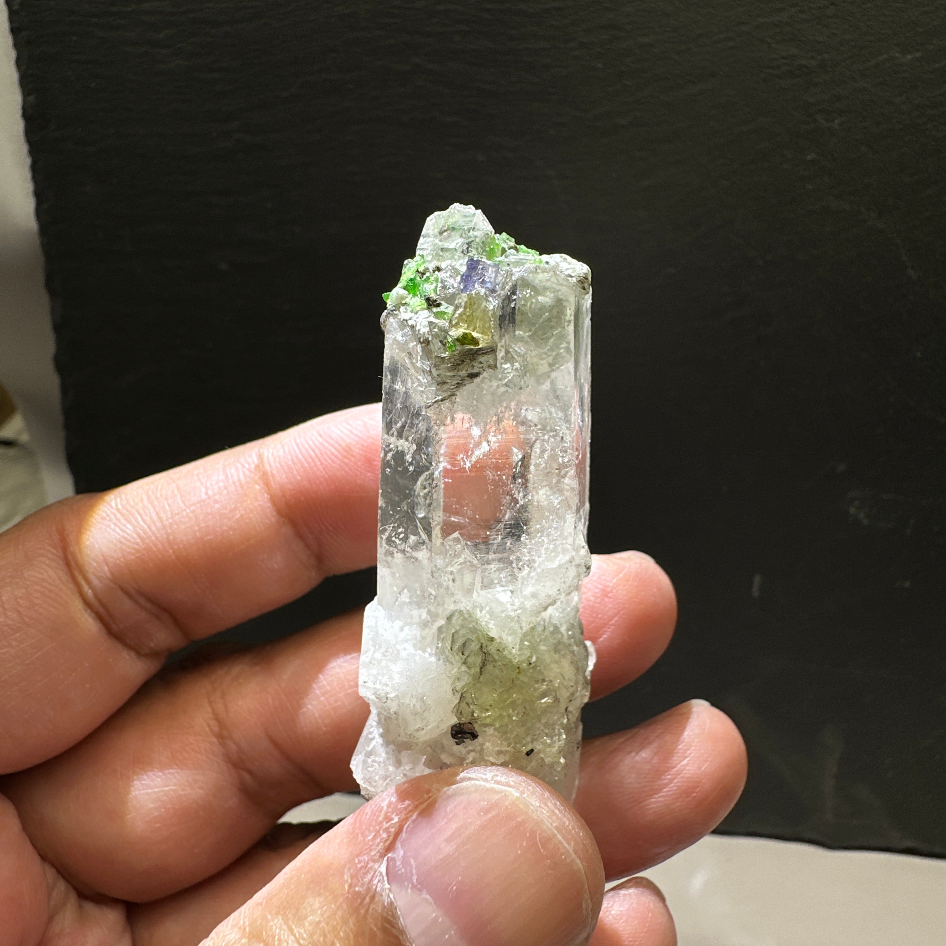 Quartz Crystal with Tanzanite, Tsavorite and Prehinite growing on it, 37.5gm, From Merelani, Tanzania