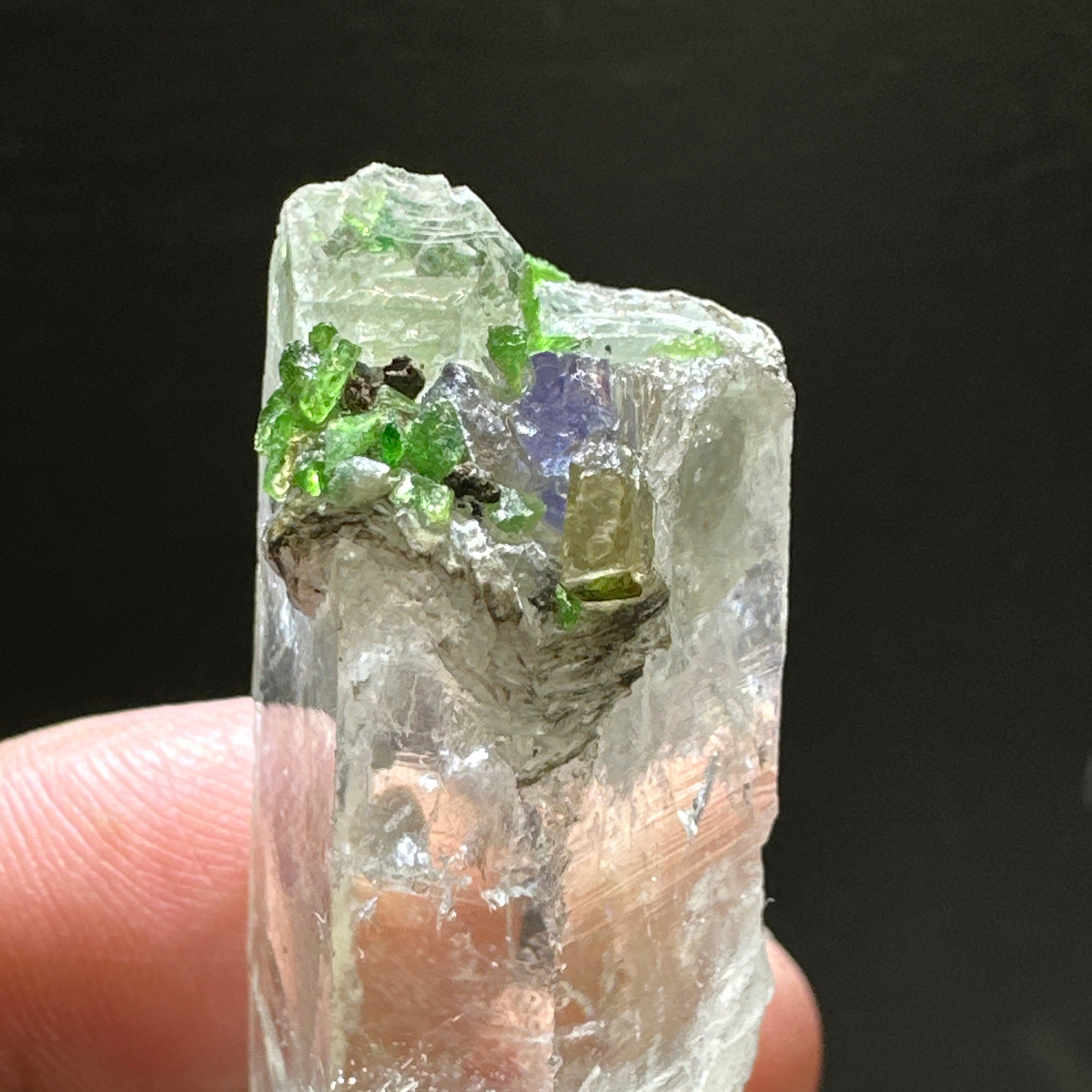 Quartz Crystal with Tanzanite, Tsavorite and Prehinite growing on it, 37.5gm, From Merelani, Tanzania