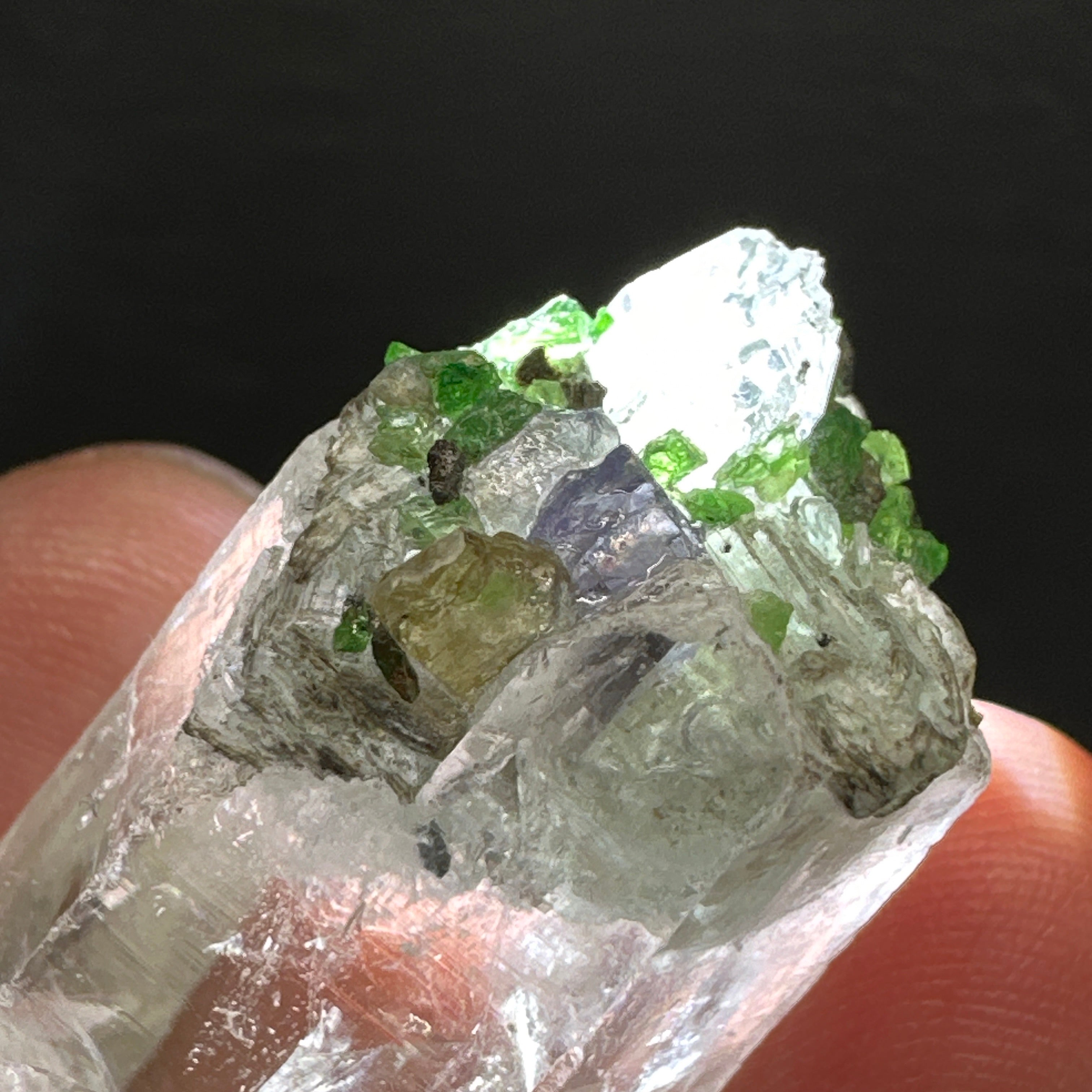 Quartz Crystal with Tanzanite, Tsavorite and Prehinite growing on it, 37.5gm, From Merelani, Tanzania