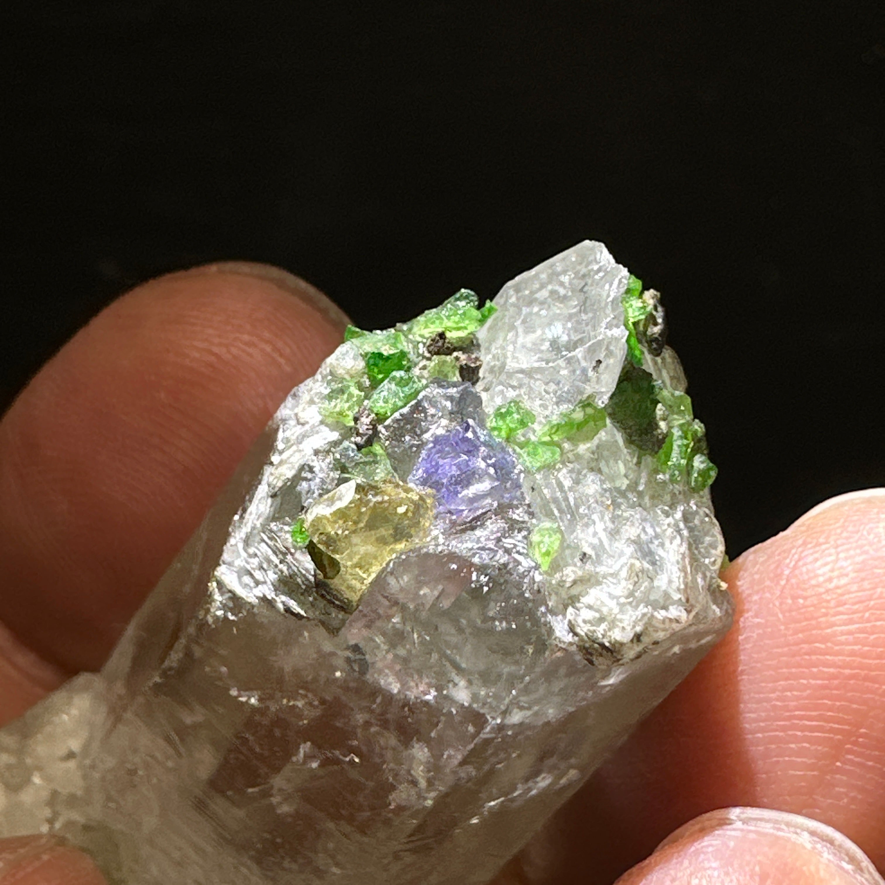 Quartz Crystal with Tanzanite, Tsavorite and Prehinite growing on it, 37.5gm, From Merelani, Tanzania