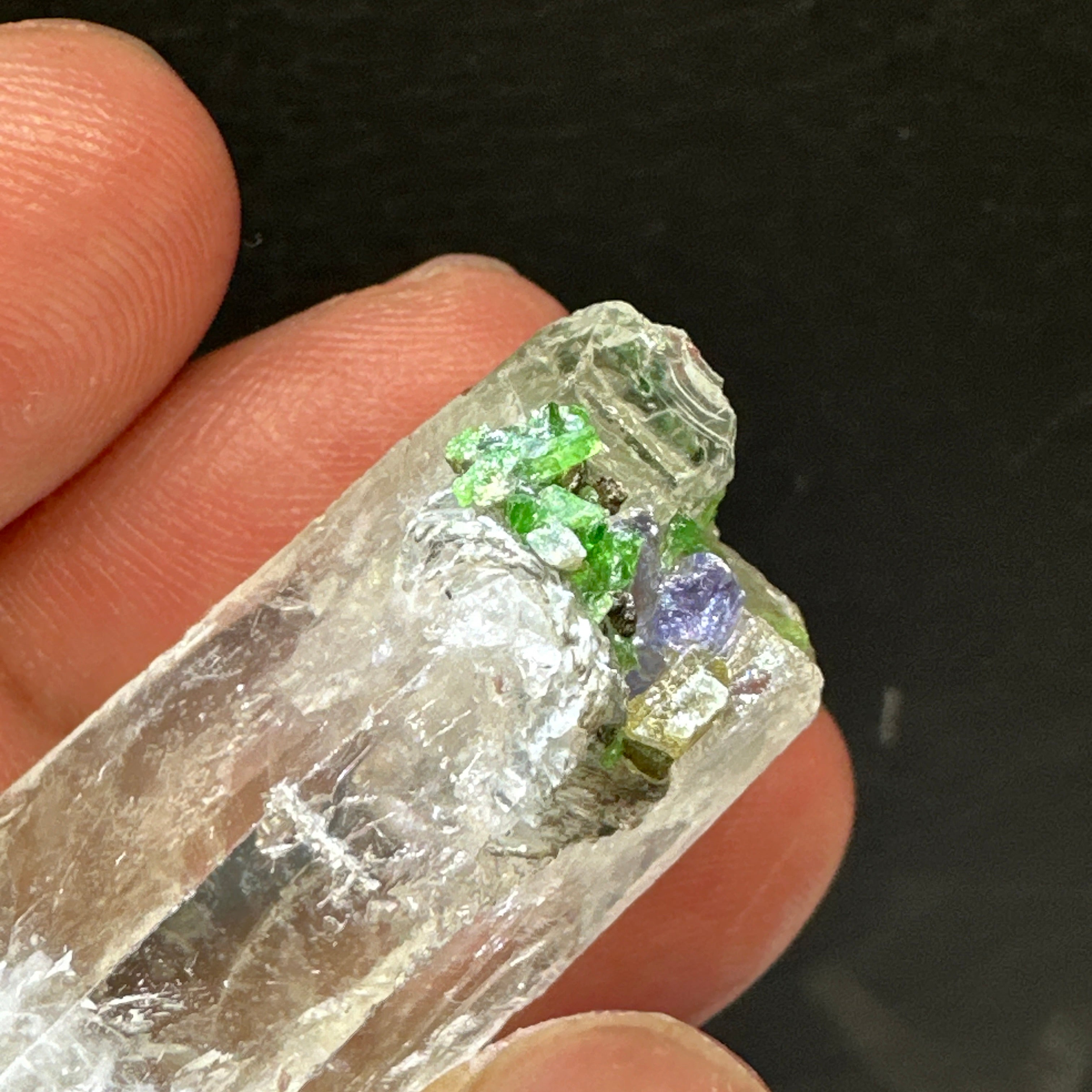 Quartz Crystal with Tanzanite, Tsavorite and Prehinite growing on it, 37.5gm, From Merelani, Tanzania