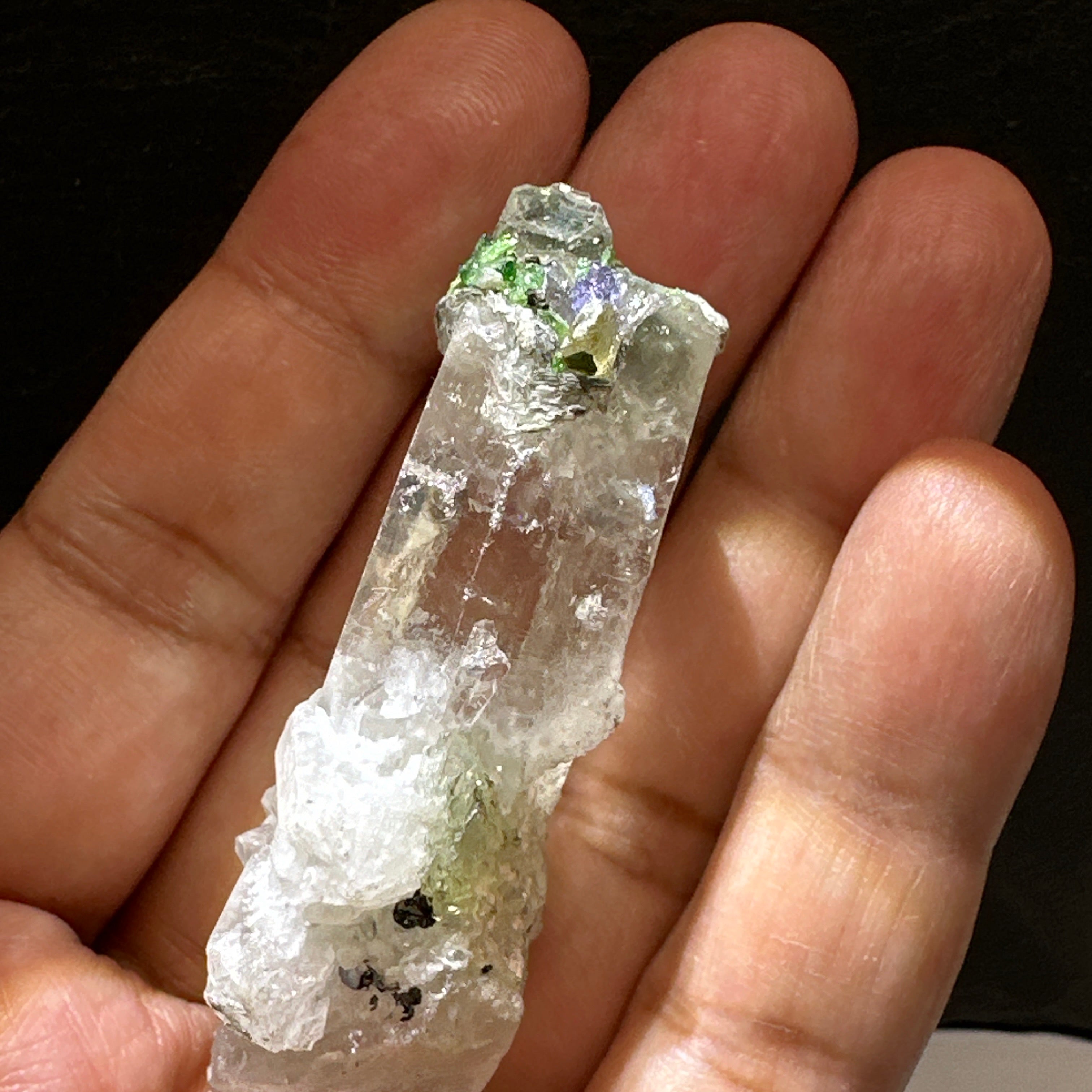 Quartz Crystal with Tanzanite, Tsavorite and Prehinite growing on it, 37.5gm, From Merelani, Tanzania