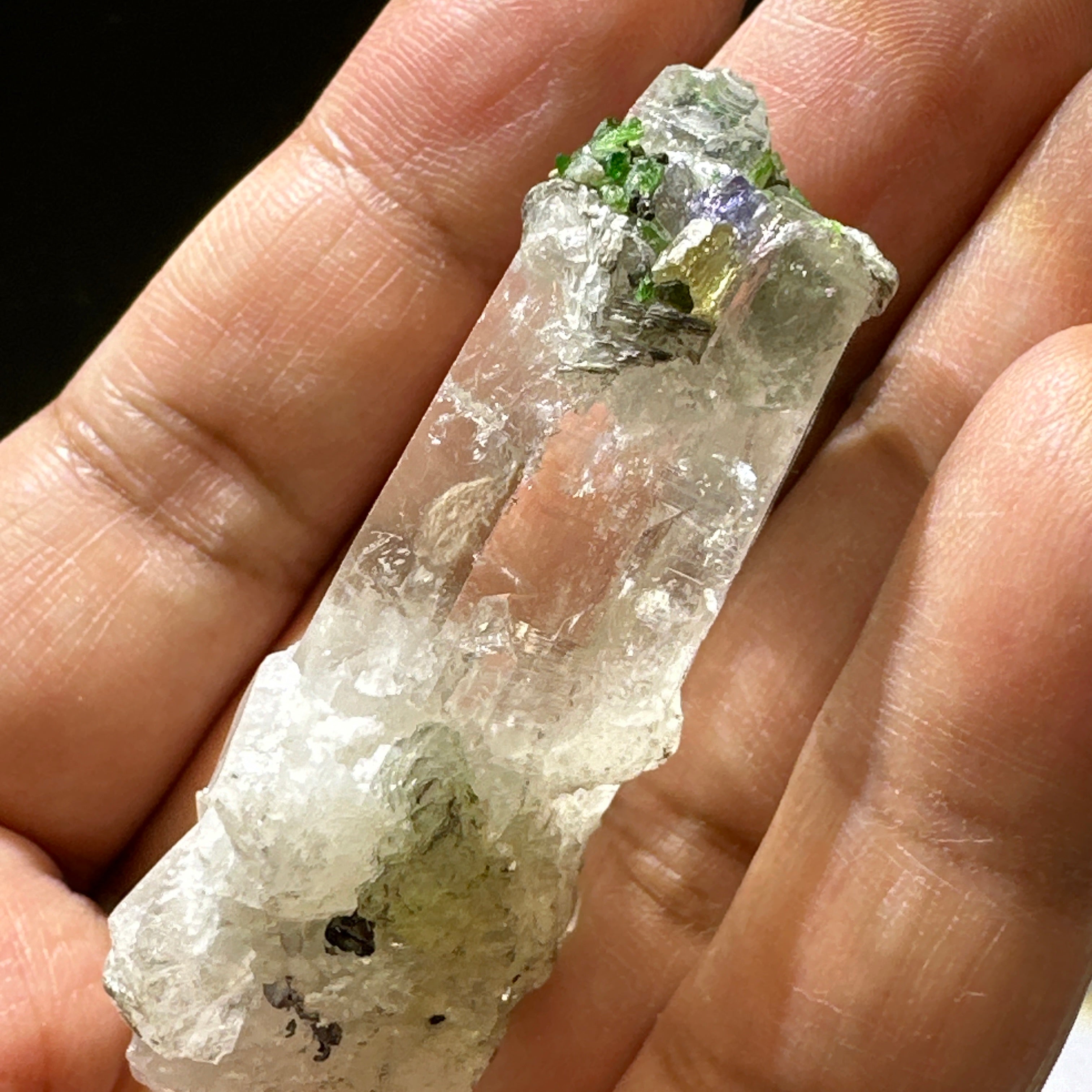 Quartz Crystal with Tanzanite, Tsavorite and Prehinite growing on it, 37.5gm, From Merelani, Tanzania