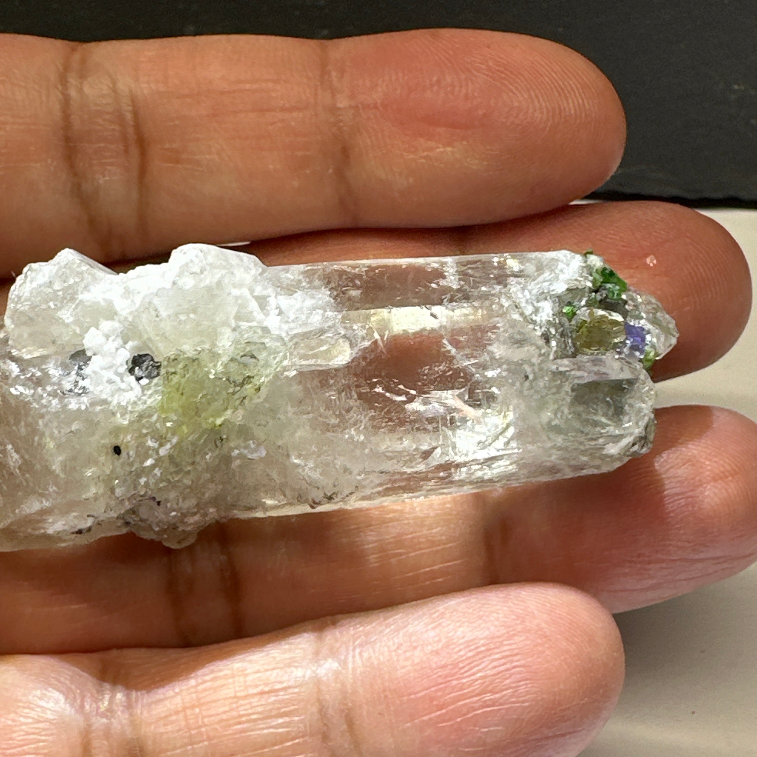 Quartz Crystal with Tanzanite, Tsavorite and Prehinite growing on it, 37.5gm, From Merelani, Tanzania