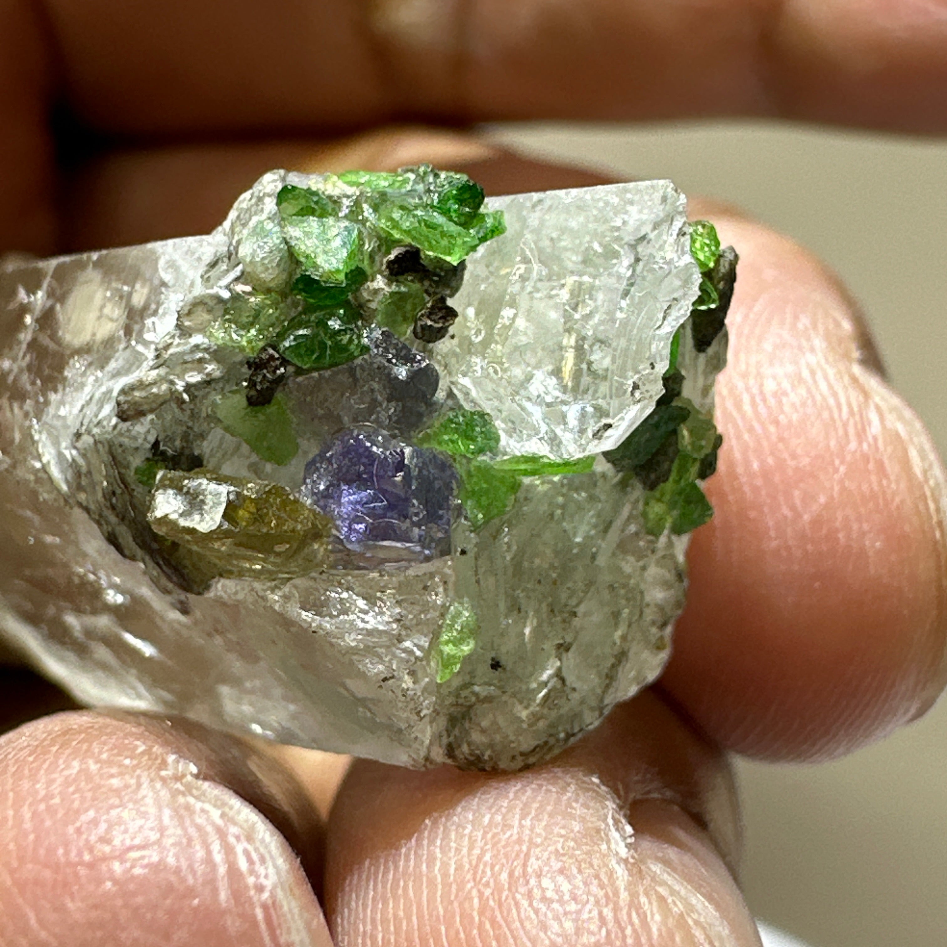 Quartz Crystal with Tanzanite, Tsavorite and Prehinite growing on it, 37.5gm, From Merelani, Tanzania