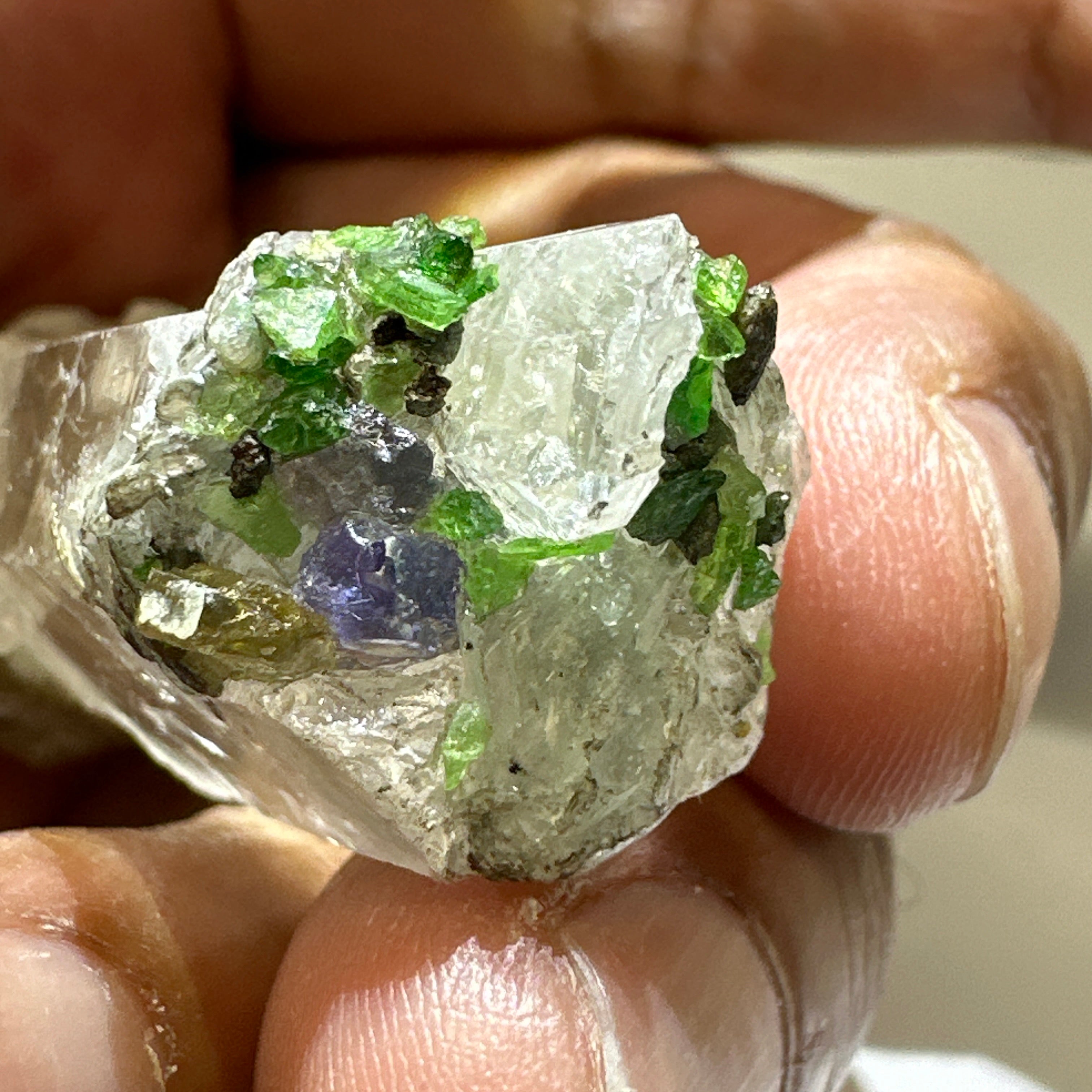 Quartz Crystal with Tanzanite, Tsavorite and Prehinite growing on it, 37.5gm, From Merelani, Tanzania