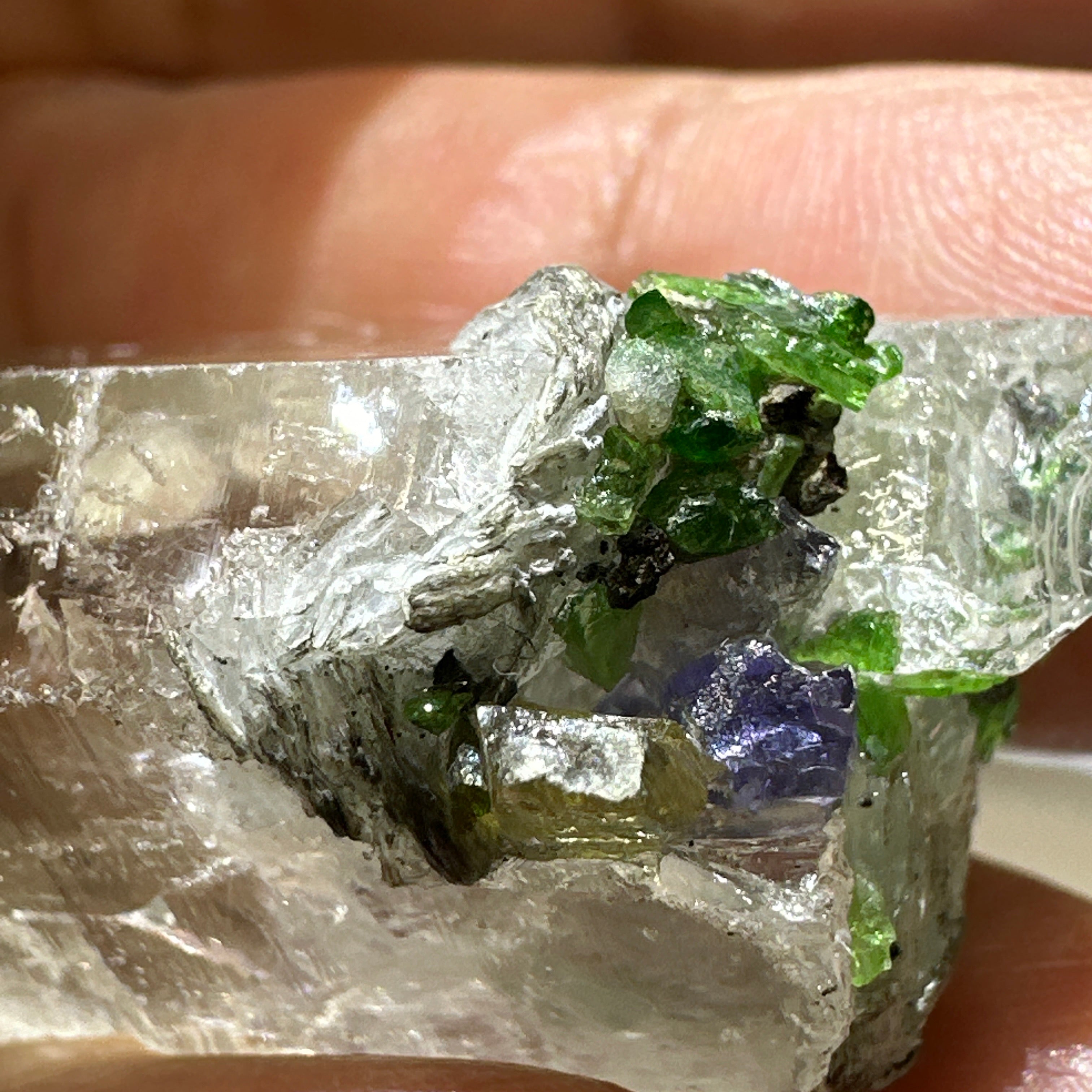 Quartz Crystal with Tanzanite, Tsavorite and Prehinite growing on it, 37.5gm, From Merelani, Tanzania