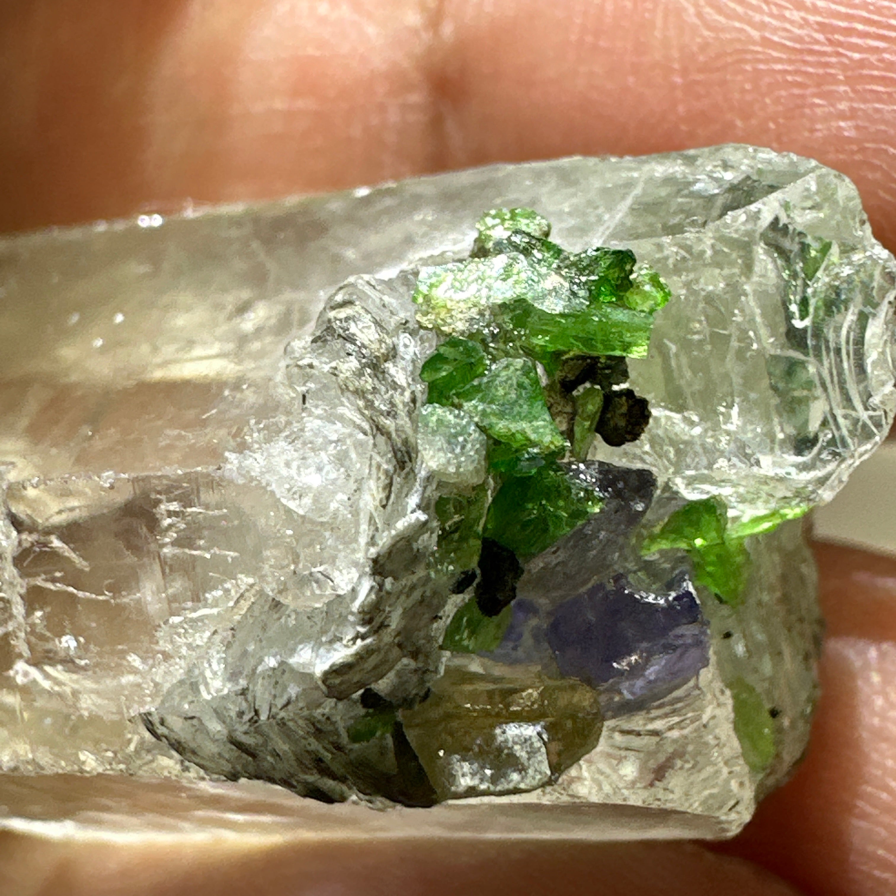 Quartz Crystal with Tanzanite, Tsavorite and Prehinite growing on it, 37.5gm, From Merelani, Tanzania