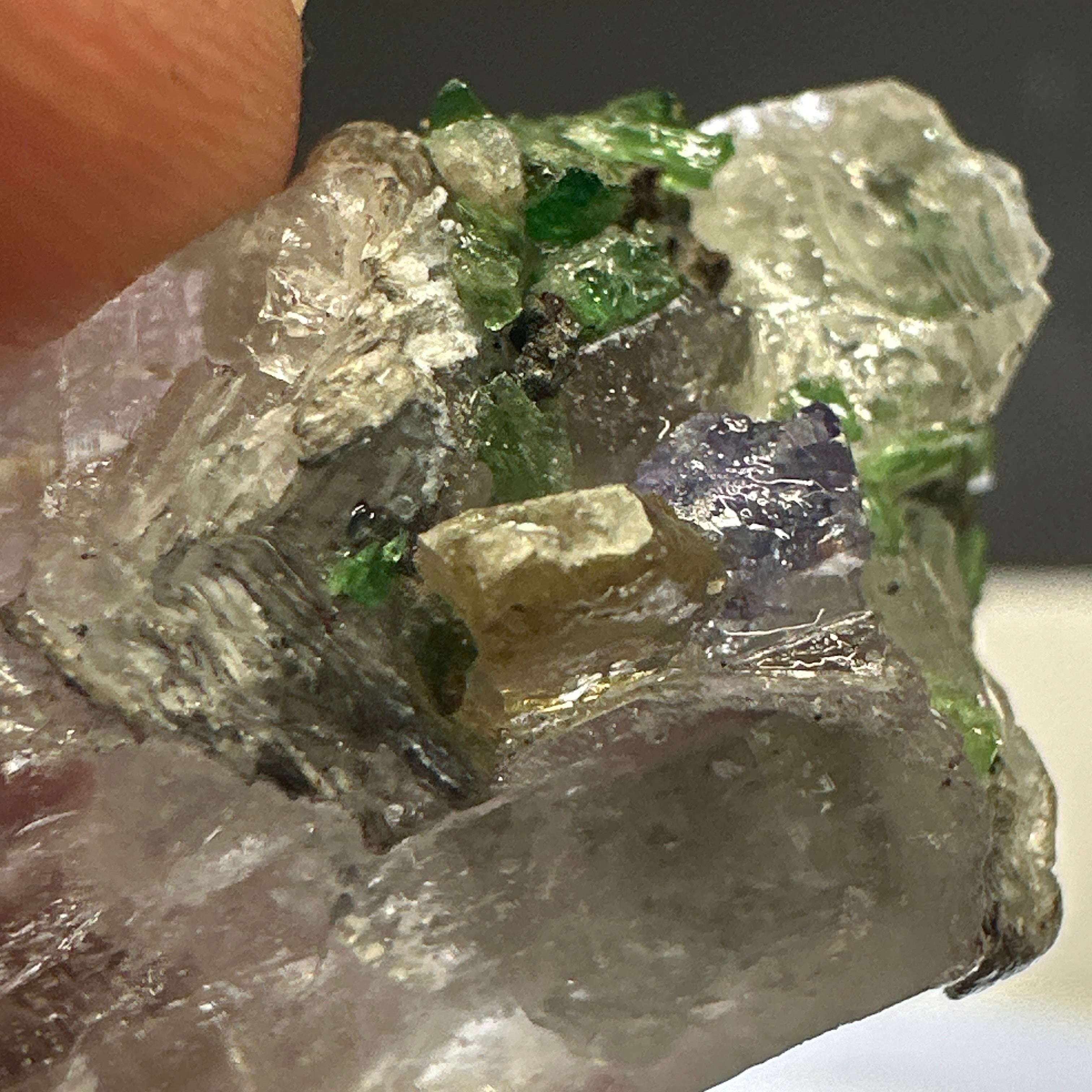 Quartz Crystal with Tanzanite, Tsavorite and Prehinite growing on it, 37.5gm, From Merelani, Tanzania