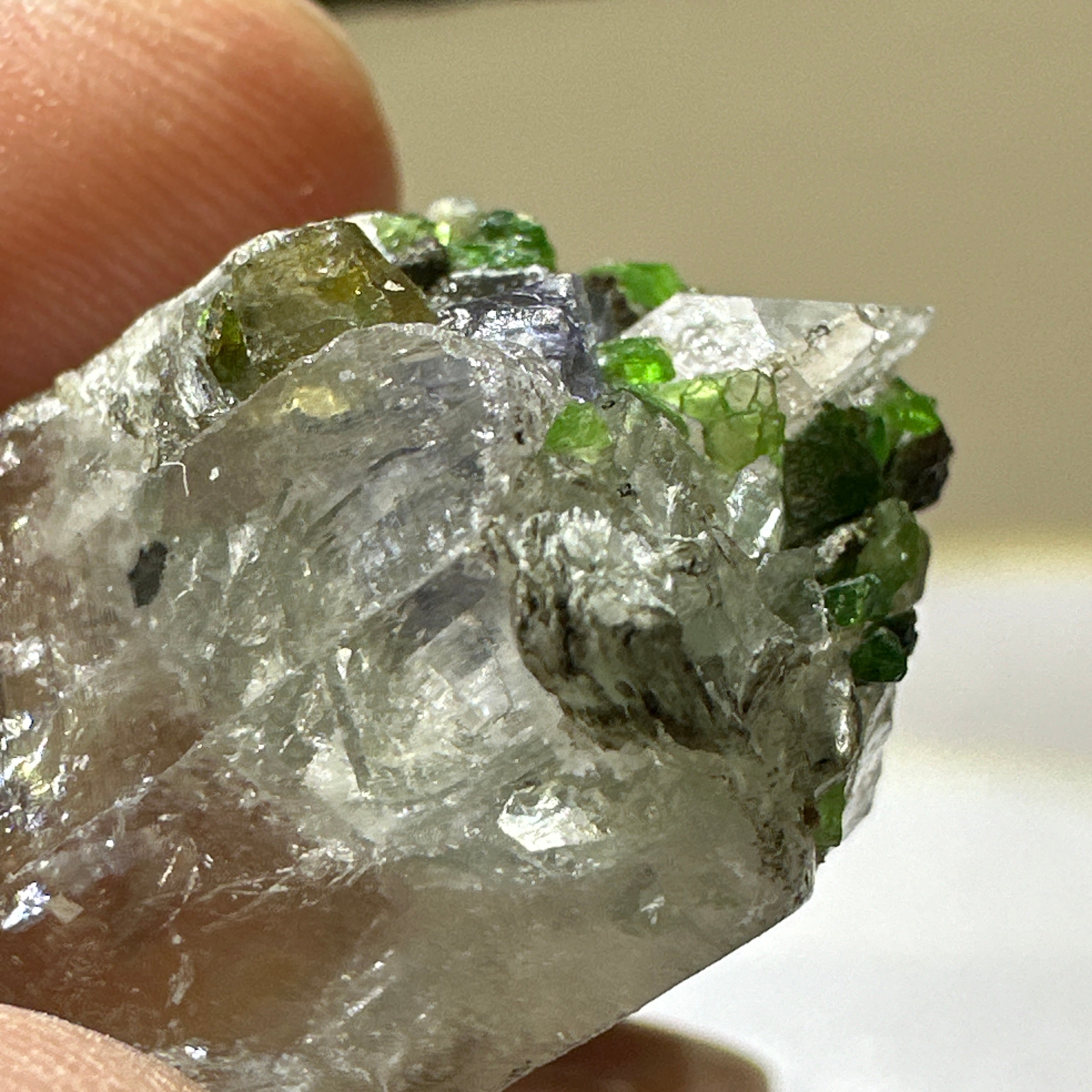 Quartz Crystal with Tanzanite, Tsavorite and Prehinite growing on it, 37.5gm, From Merelani, Tanzania