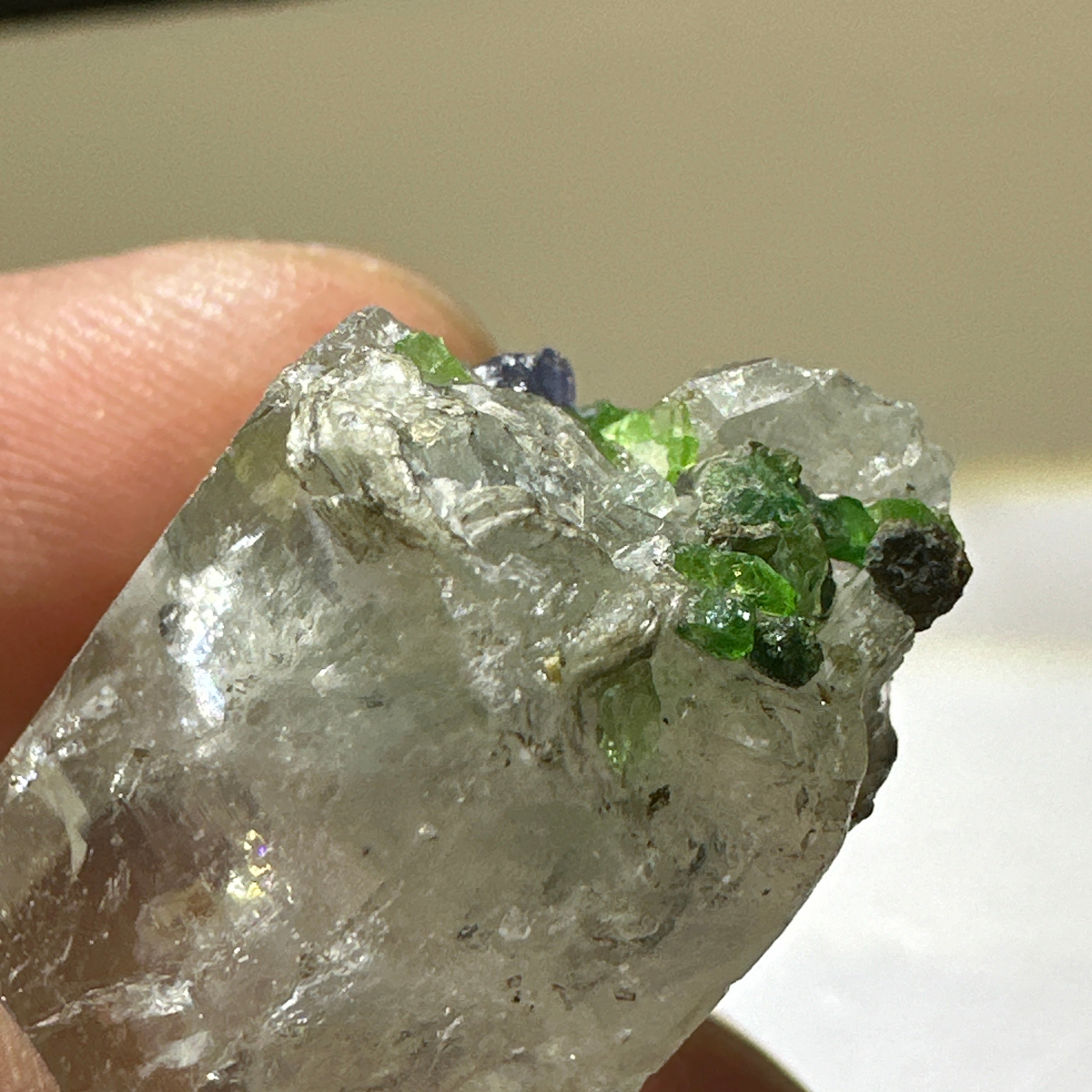 Quartz Crystal with Tanzanite, Tsavorite and Prehinite growing on it, 37.5gm, From Merelani, Tanzania