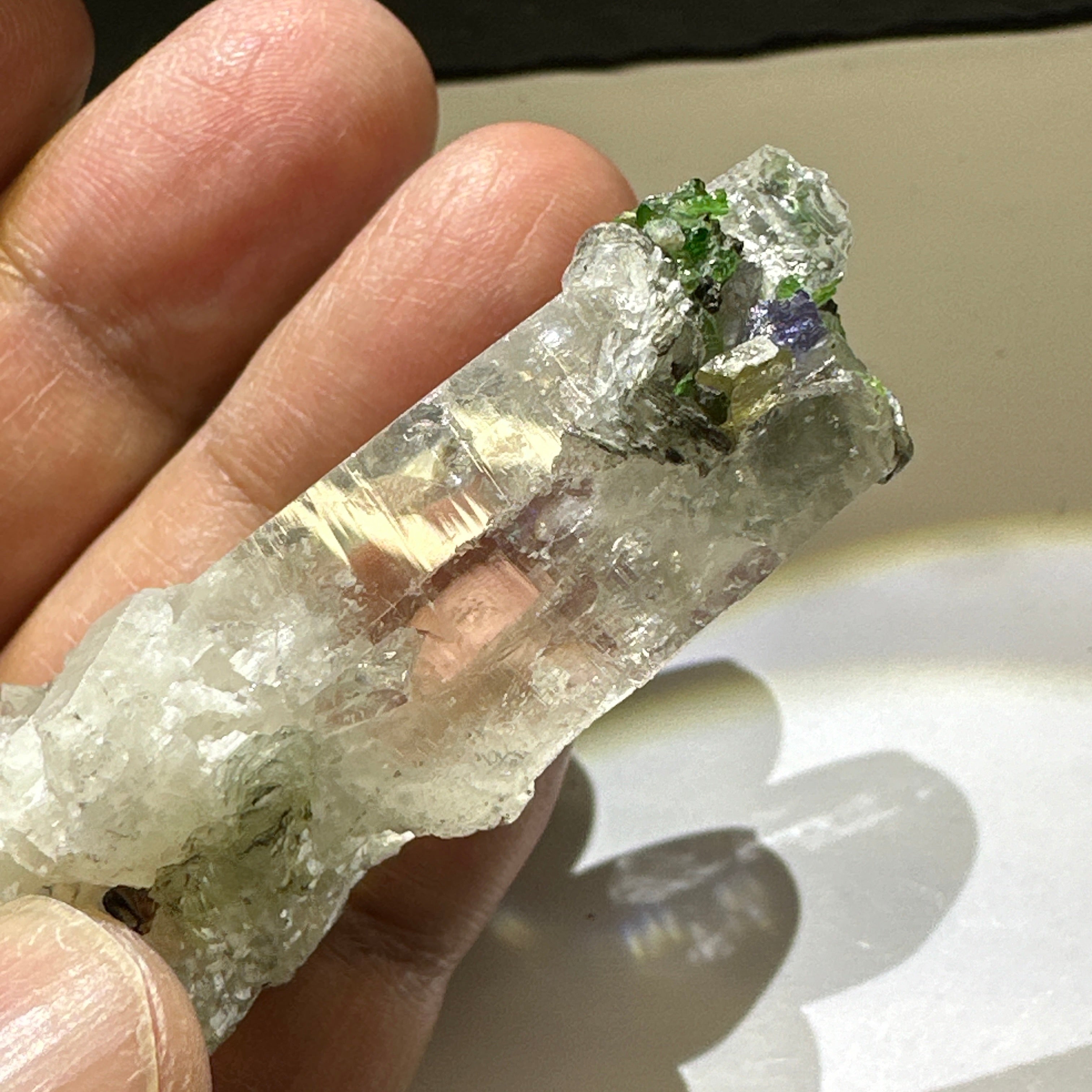 Quartz Crystal with Tanzanite, Tsavorite and Prehinite growing on it, 37.5gm, From Merelani, Tanzania