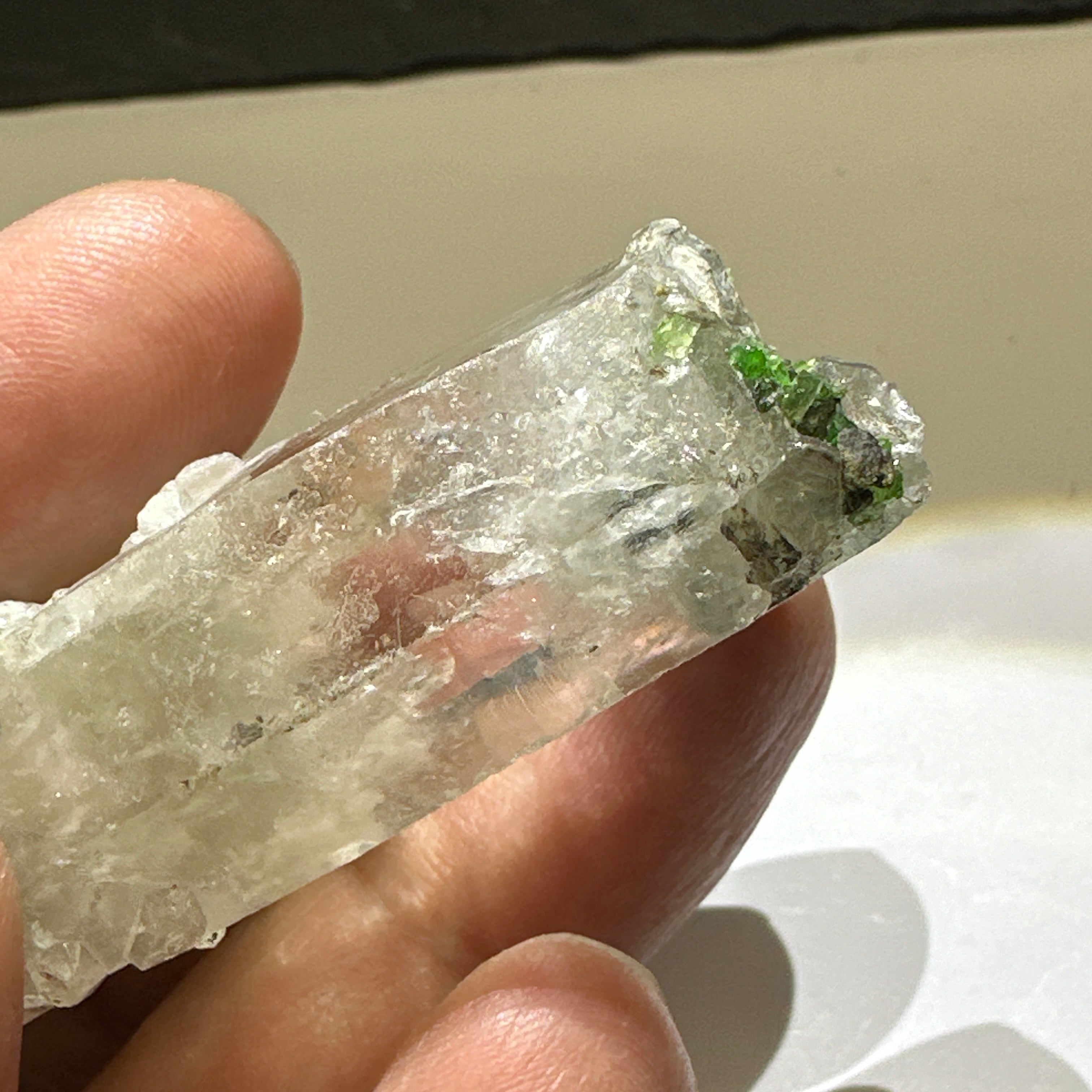 Quartz Crystal with Tanzanite, Tsavorite and Prehinite growing on it, 37.5gm, From Merelani, Tanzania