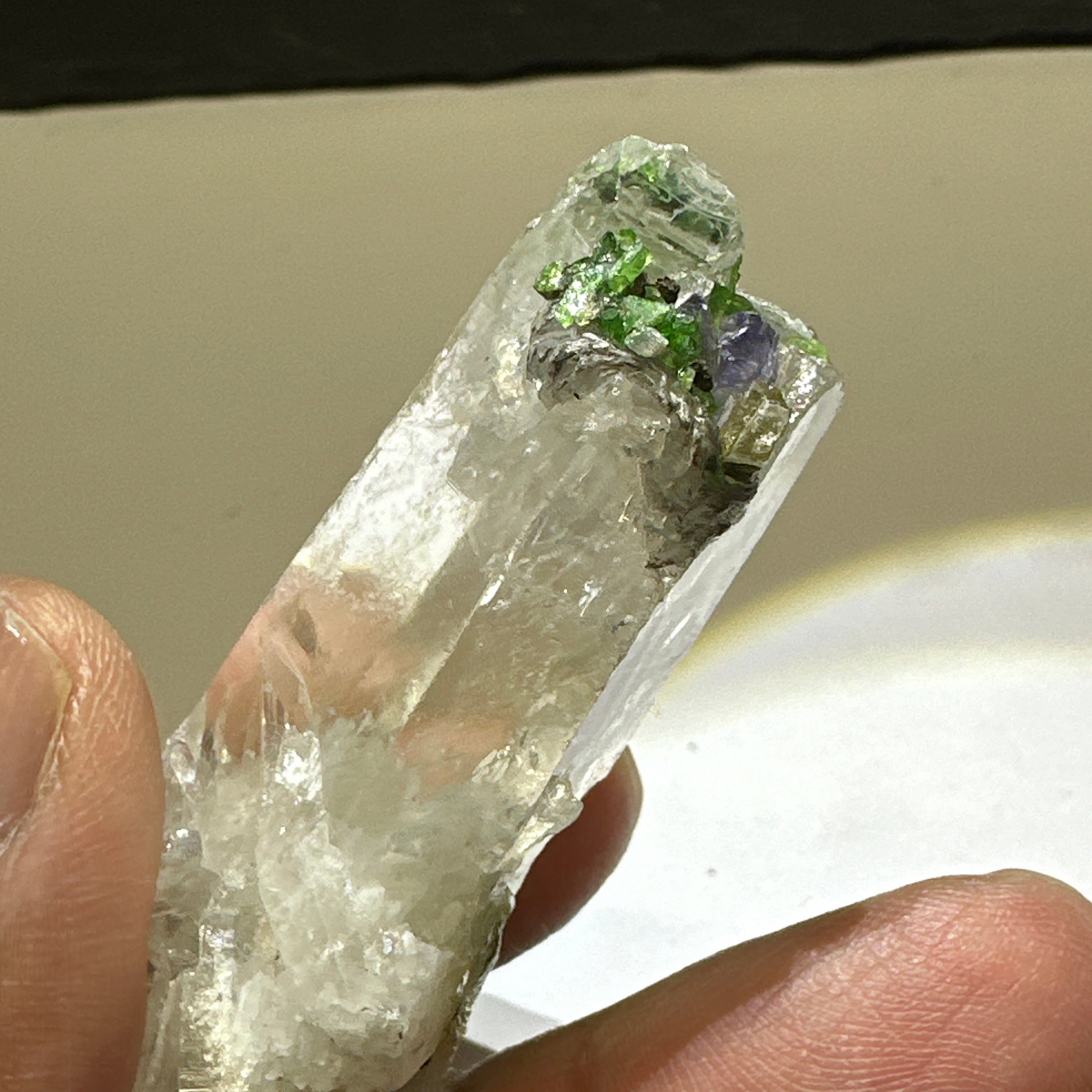 Quartz Crystal with Tanzanite, Tsavorite and Prehinite growing on it, 37.5gm, From Merelani, Tanzania