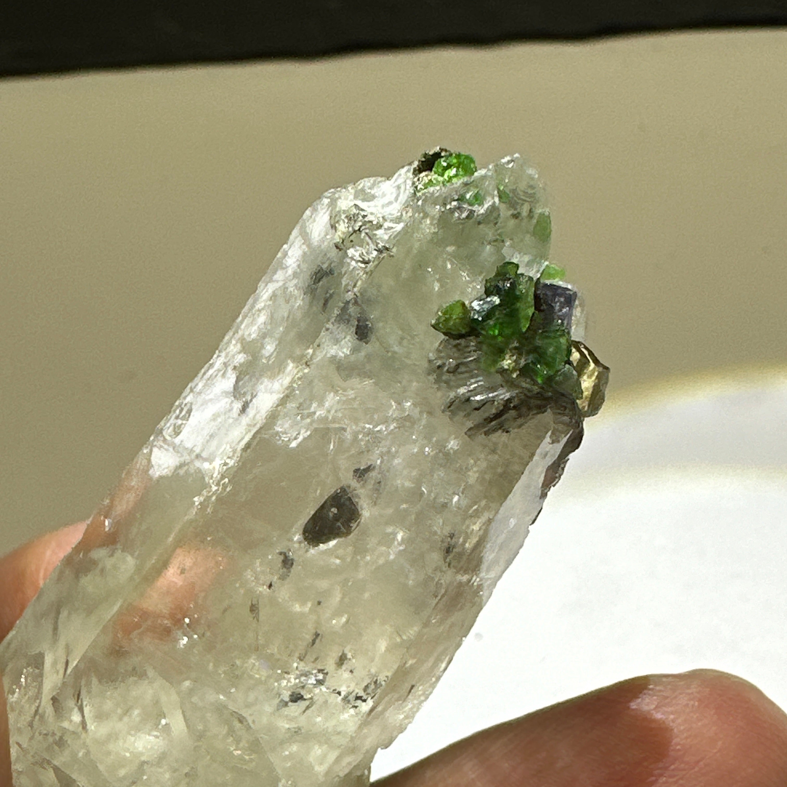 Quartz Crystal with Tanzanite, Tsavorite and Prehinite growing on it, 37.5gm, From Merelani, Tanzania