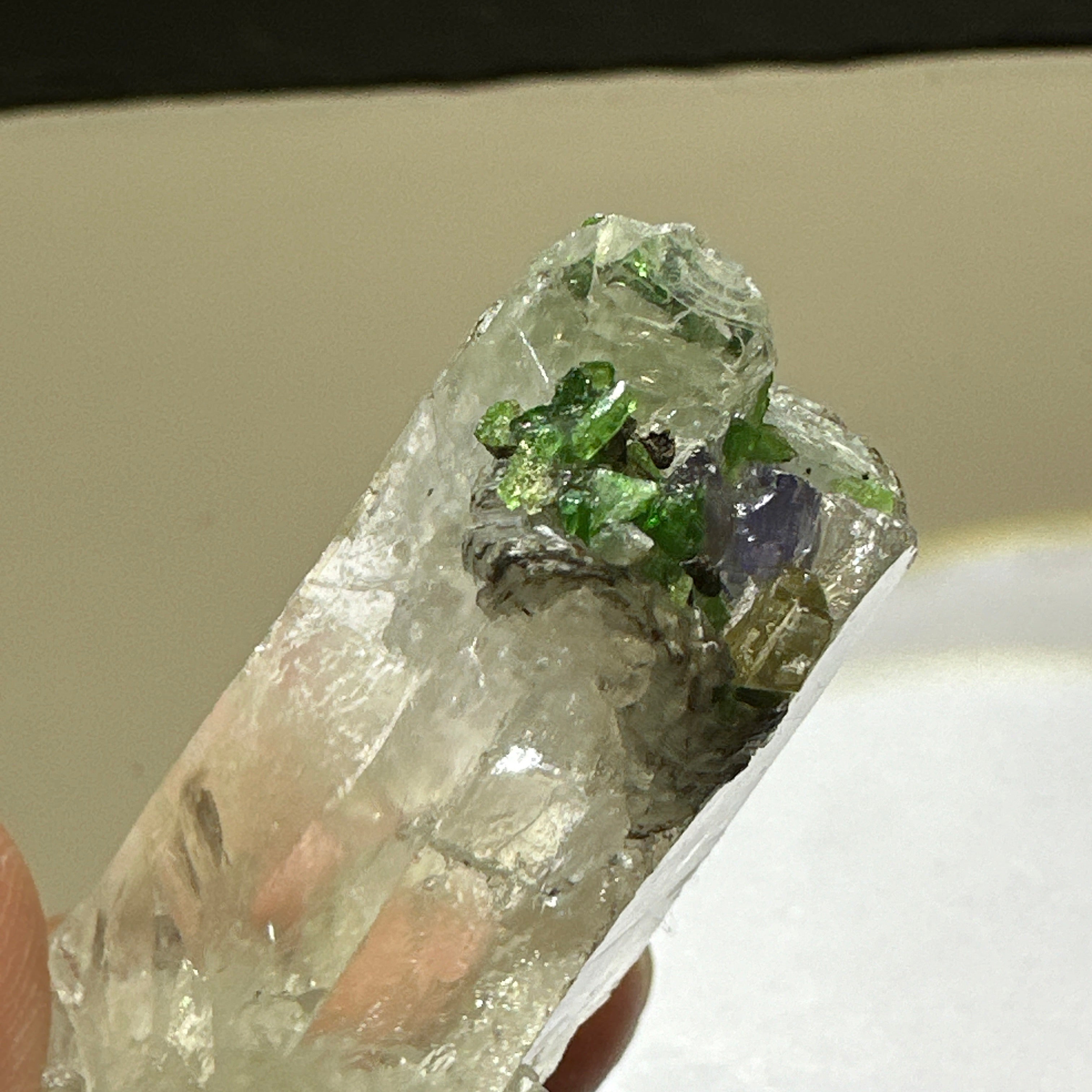 Quartz Crystal with Tanzanite, Tsavorite and Prehinite growing on it, 37.5gm, From Merelani, Tanzania