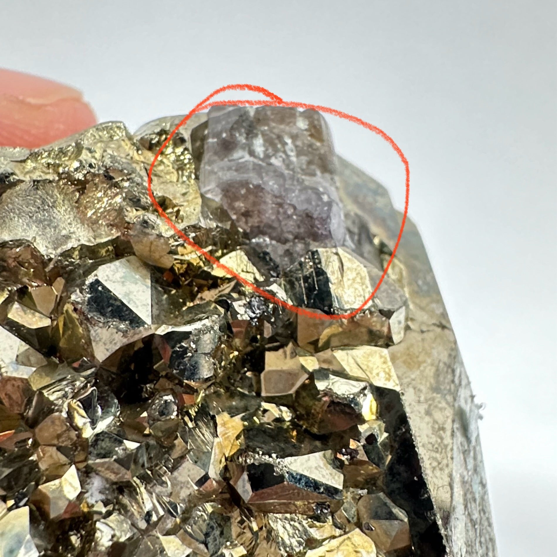 Pyrite, 90.10gm, Merelani, Tanzania, Untreated Unheated, same mines as Tanzanite, natural mirror crystal faces, this one has tanzanite and some Prehinite, I have circled the tz