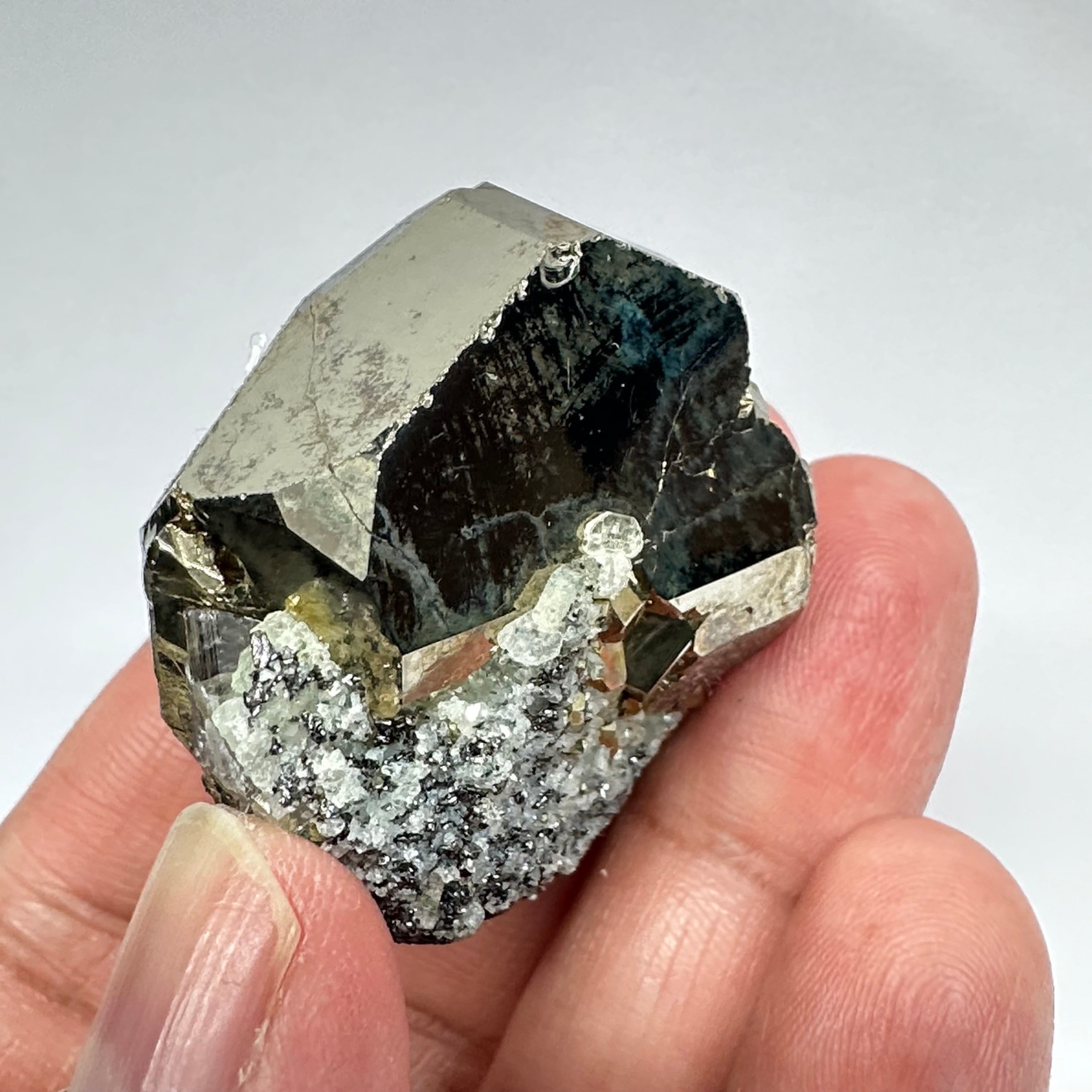 Pyrite, 90.10gm, Merelani, Tanzania, Untreated Unheated, same mines as Tanzanite, natural mirror crystal faces, this one has tanzanite and some Prehinite, I have circled the tz