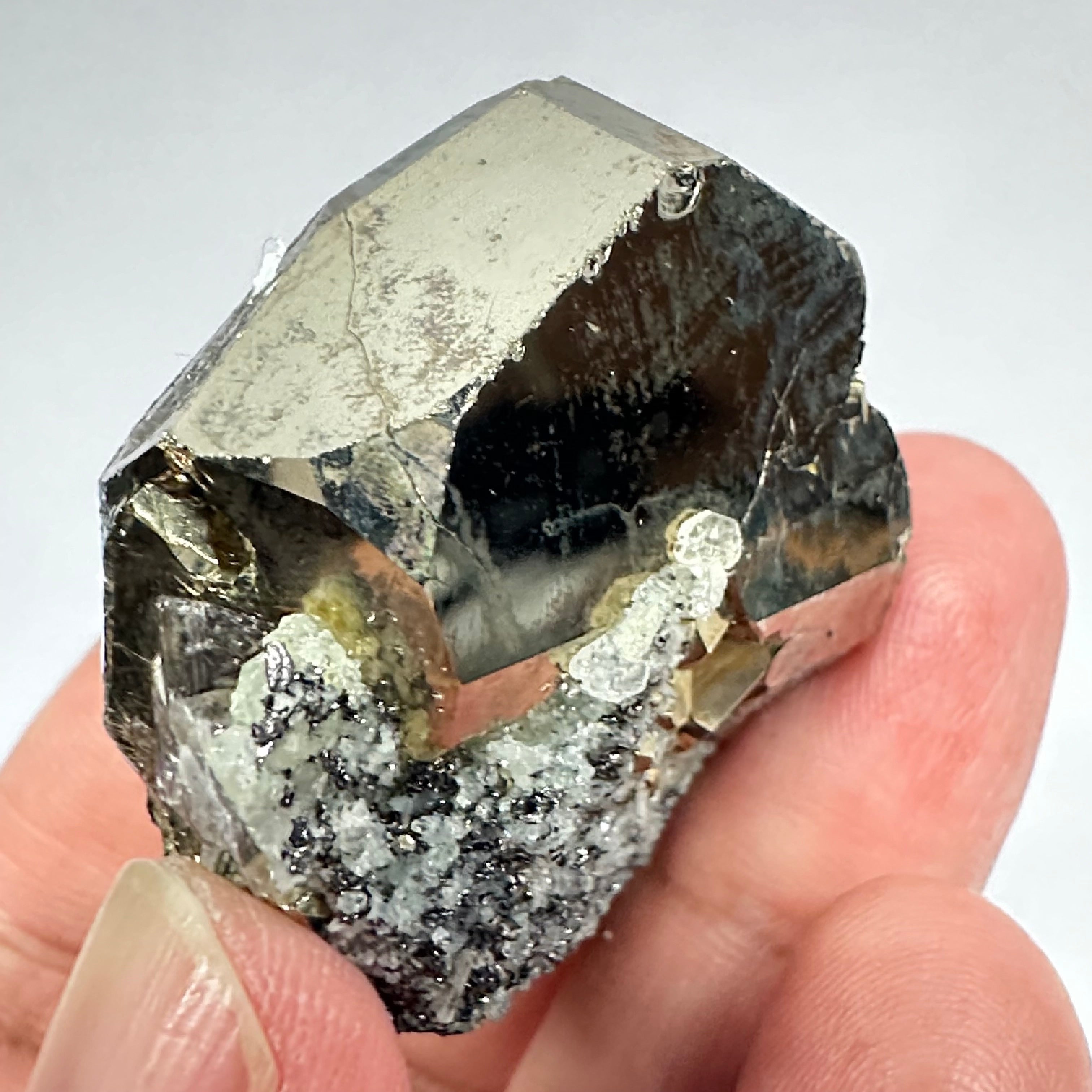 Pyrite, 90.10gm, Merelani, Tanzania, Untreated Unheated, same mines as Tanzanite, natural mirror crystal faces, this one has tanzanite and some Prehinite, I have circled the tz