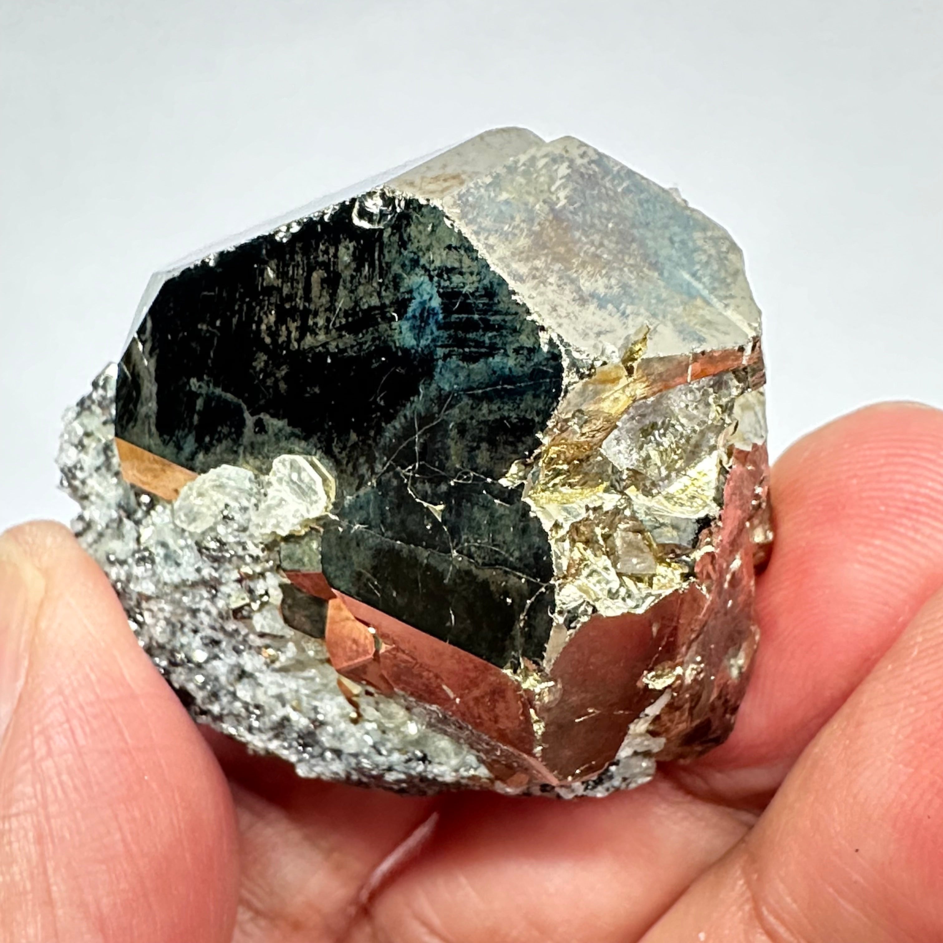 Pyrite, 90.10gm, Merelani, Tanzania, Untreated Unheated, same mines as Tanzanite, natural mirror crystal faces, this one has tanzanite and some Prehinite, I have circled the tz