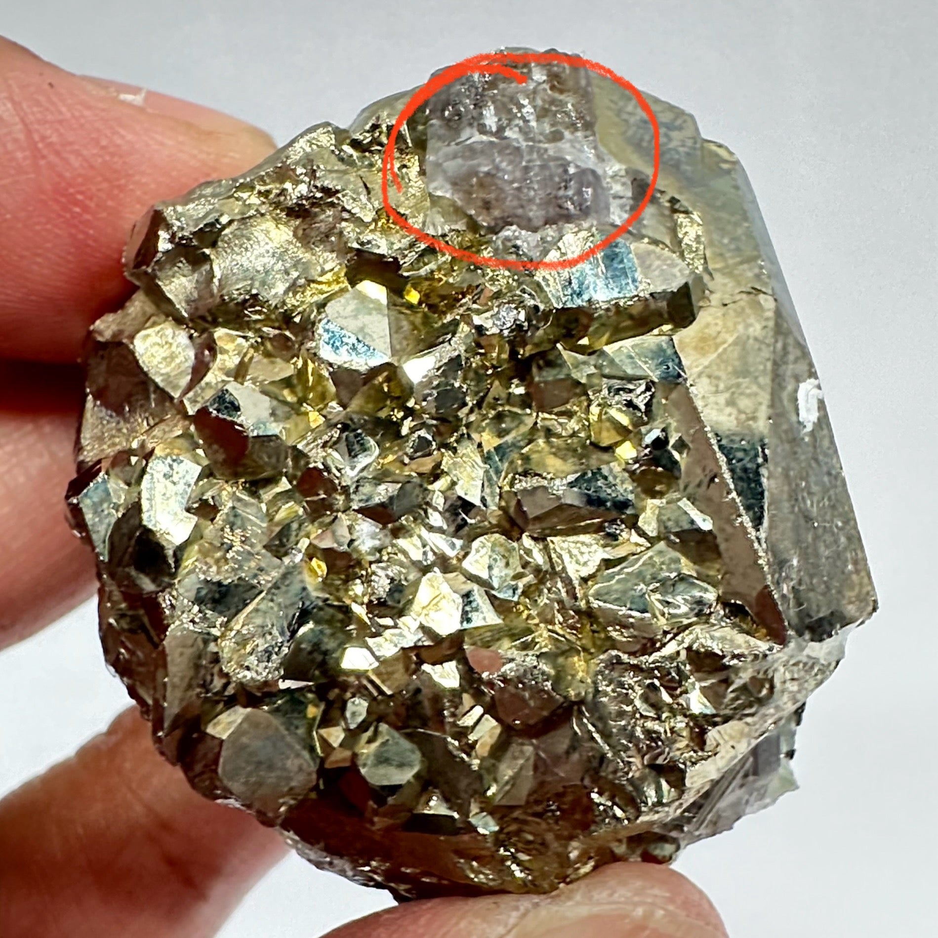 Pyrite, 90.10gm, Merelani, Tanzania, Untreated Unheated, same mines as Tanzanite, natural mirror crystal faces, this one has tanzanite and some Prehinite, I have circled the tz