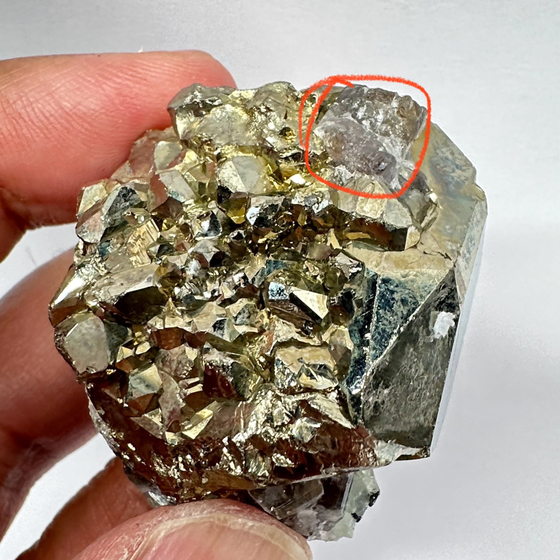 Pyrite, 90.10gm, Merelani, Tanzania, Untreated Unheated, same mines as Tanzanite, natural mirror crystal faces, this one has tanzanite and some Prehinite, I have circled the tz