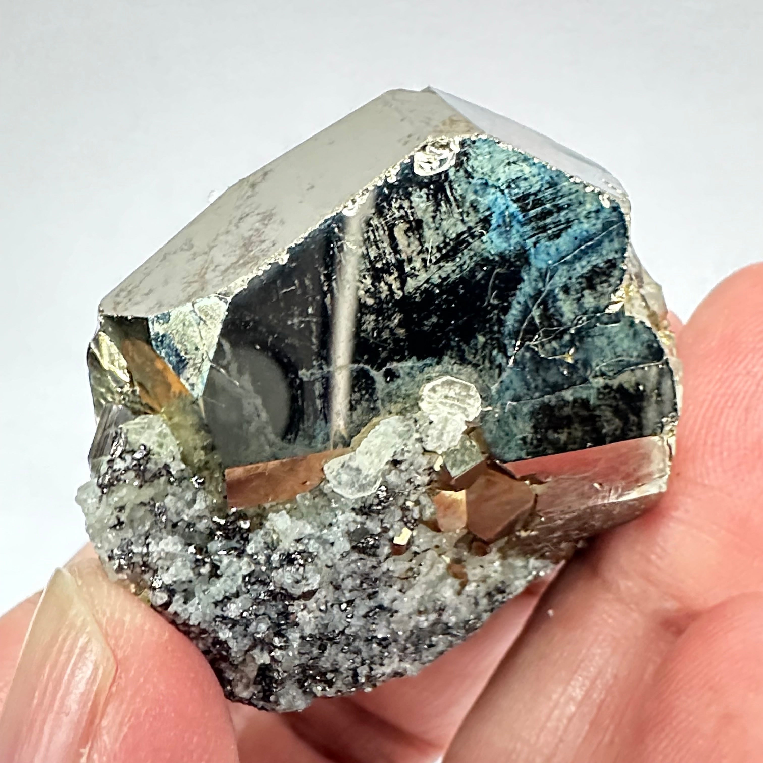 Pyrite, 90.10gm, Merelani, Tanzania, Untreated Unheated, same mines as Tanzanite, natural mirror crystal faces, this one has tanzanite and some Prehinite, I have circled the tz