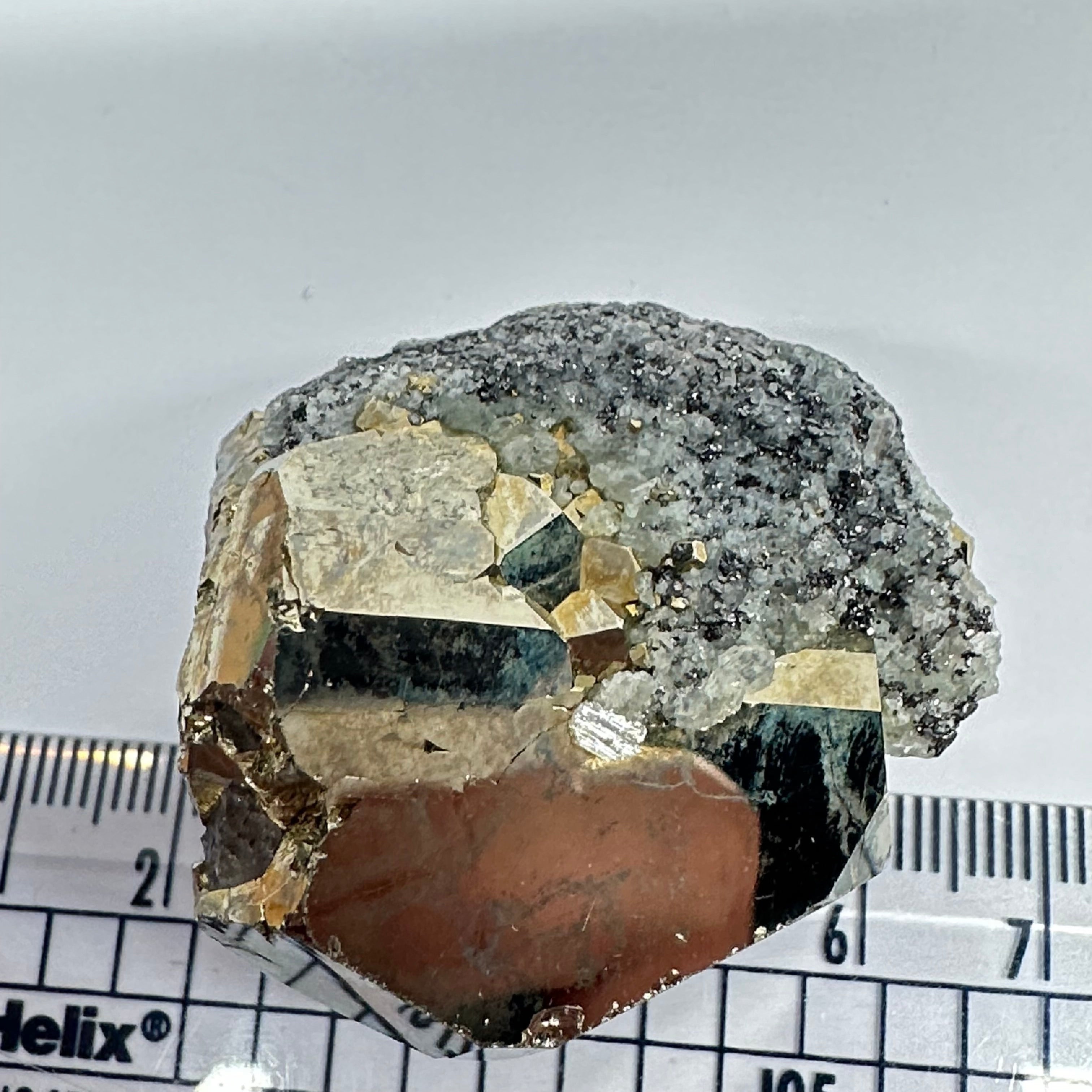 Pyrite, 90.10gm, Merelani, Tanzania, Untreated Unheated, same mines as Tanzanite, natural mirror crystal faces, this one has tanzanite and some Prehinite, I have circled the tz