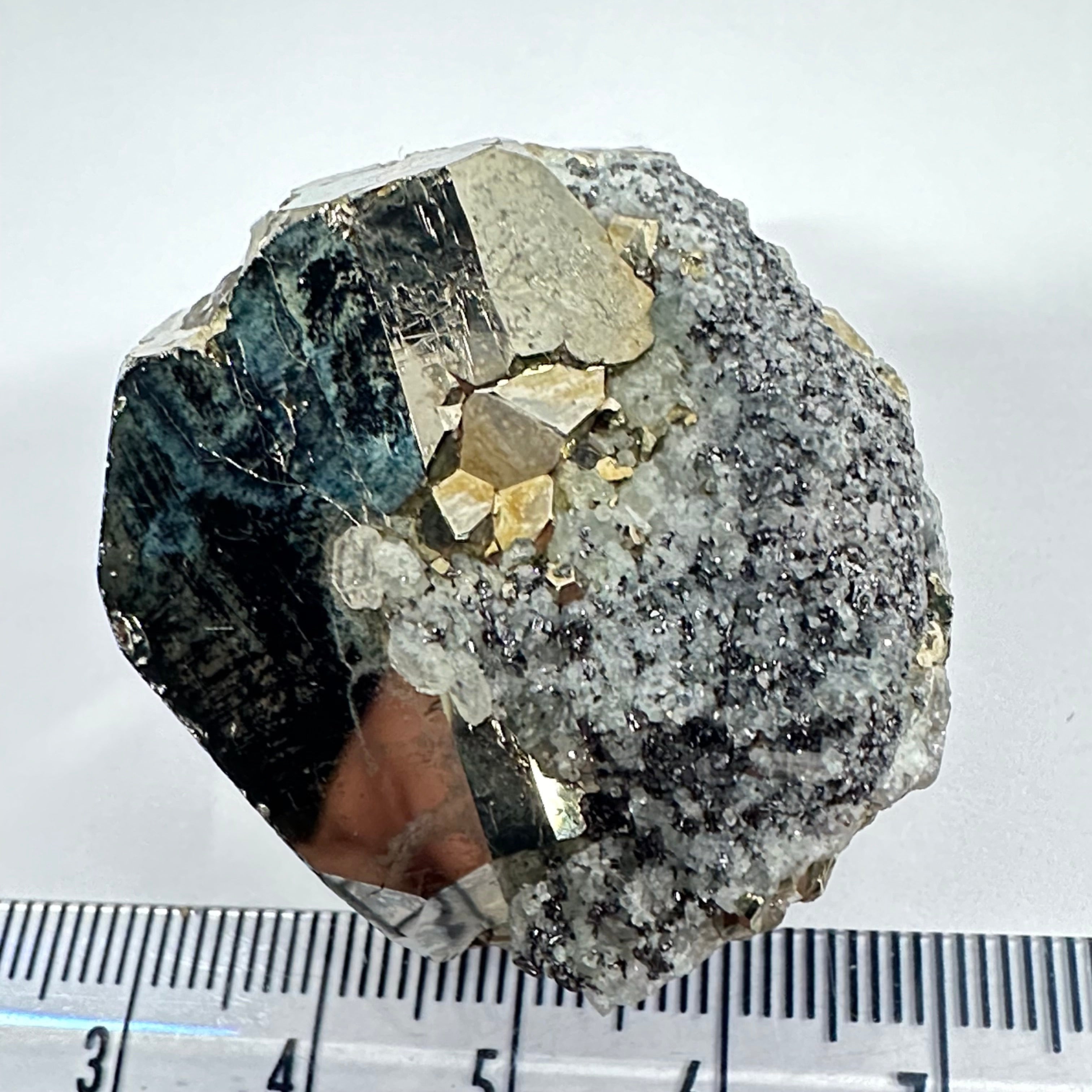 Pyrite, 90.10gm, Merelani, Tanzania, Untreated Unheated, same mines as Tanzanite, natural mirror crystal faces, this one has tanzanite and some Prehinite, I have circled the tz